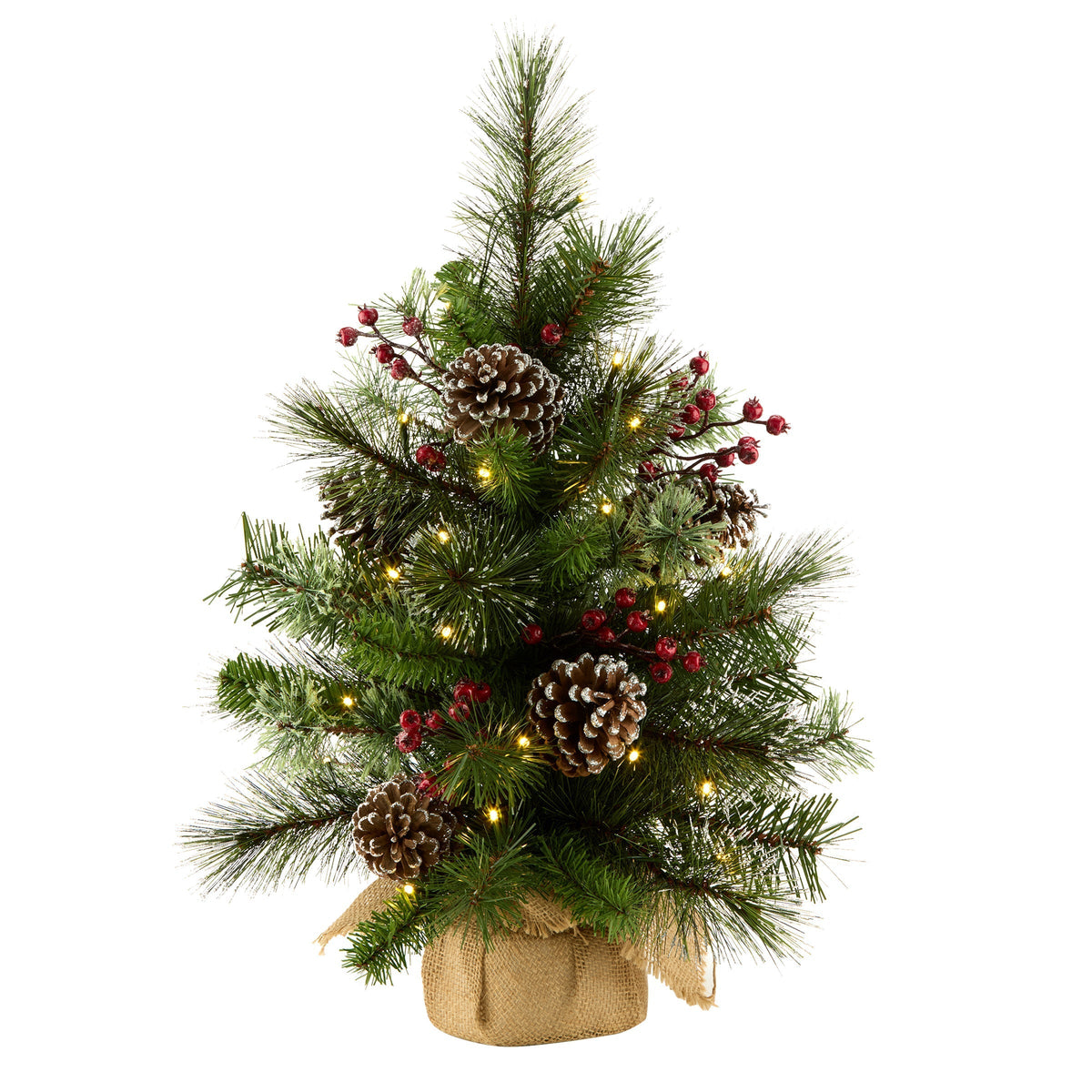 2ft Pre Lit Iced Berry Pine Tabletop Tree in Burlap Sack, Battery LED