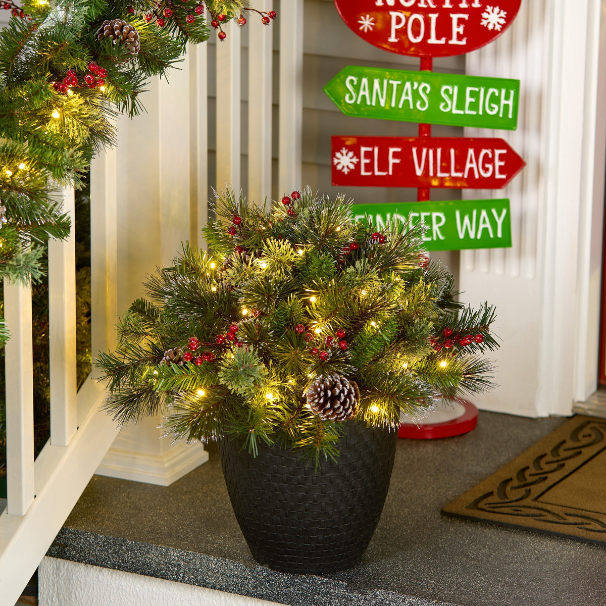 Pre Lit Iced Berry Pine Urn Filler, Battery LED, 56 cm