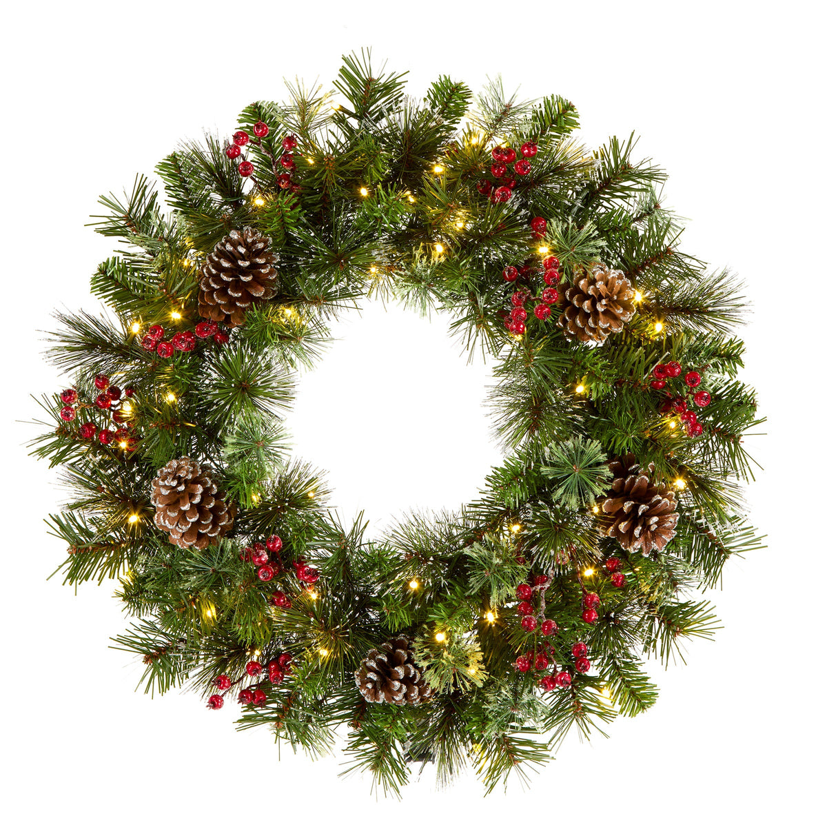 Pre Lit Iced Berry Pine Christmas Wreath, Battery LED, 61 cm