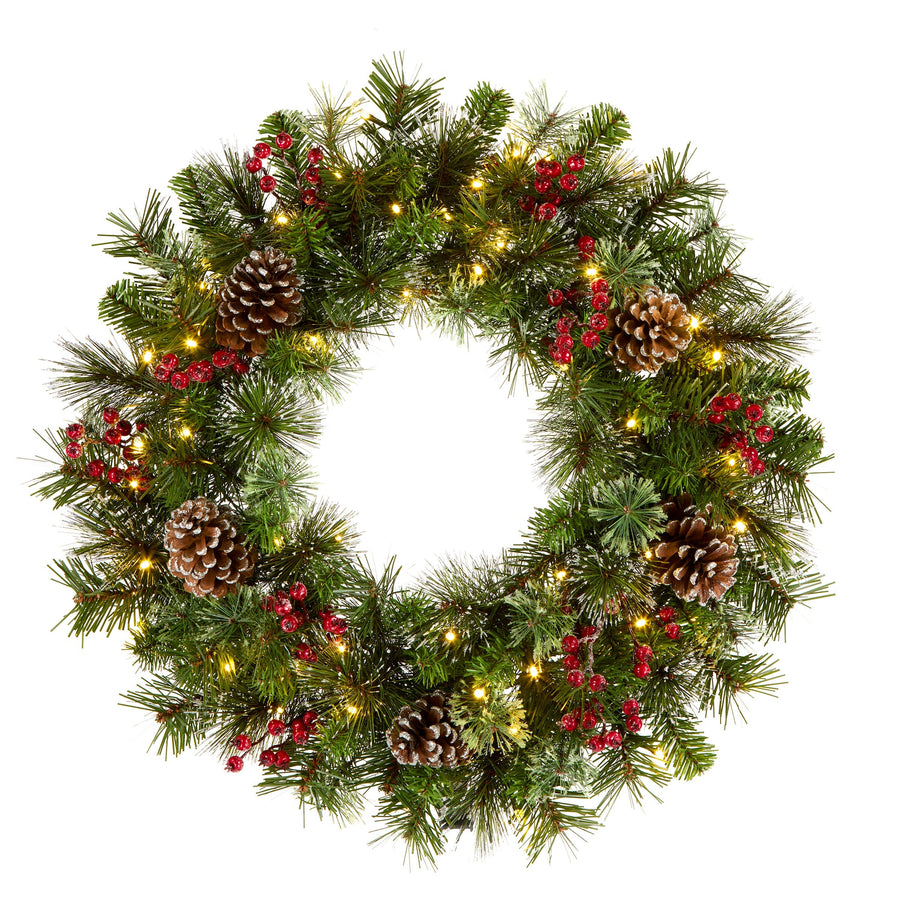 Pre Lit Iced Berry Pine Christmas Wreath, Battery LED, 61 cm