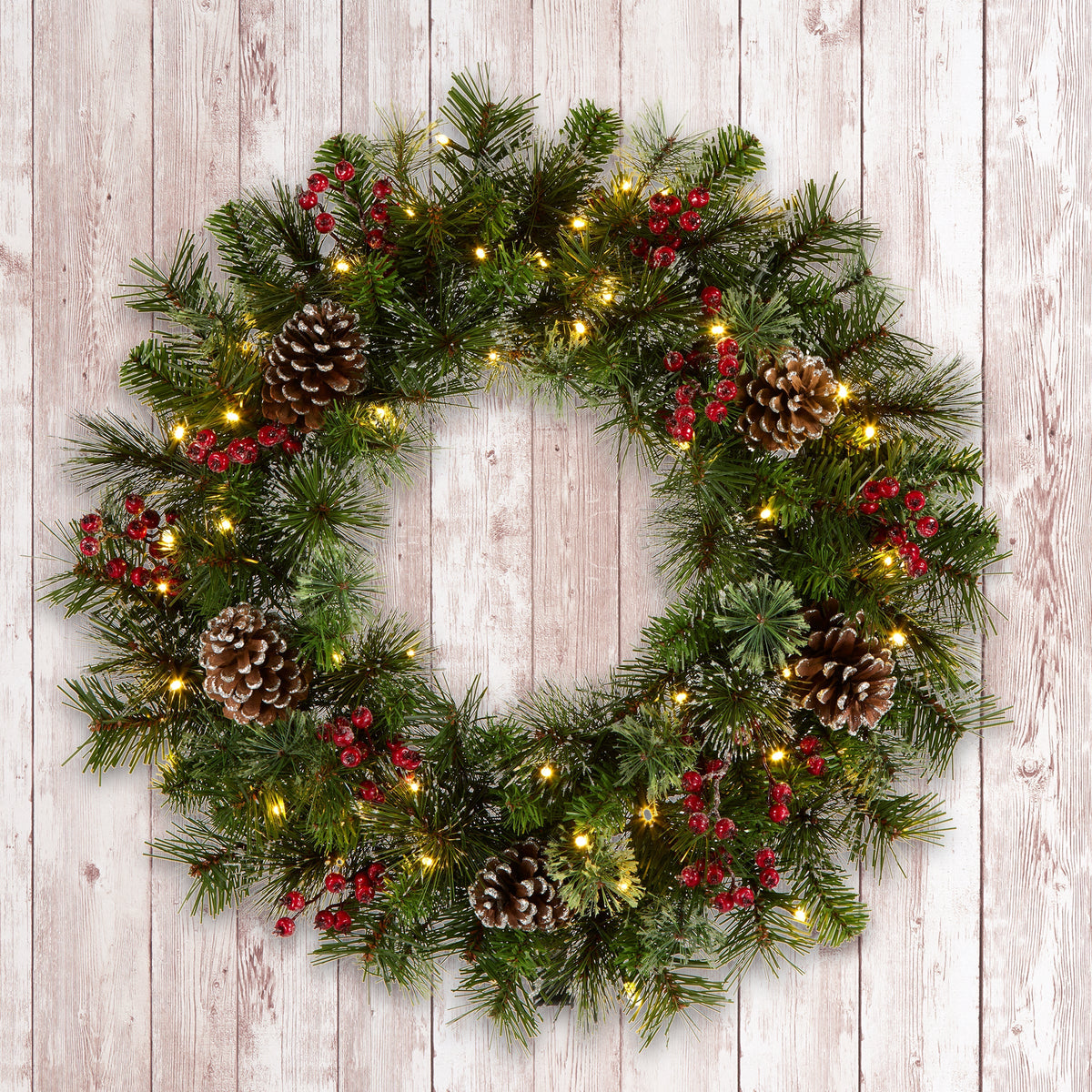 Pre Lit Iced Berry Pine Christmas Wreath, Battery LED, 61 cm