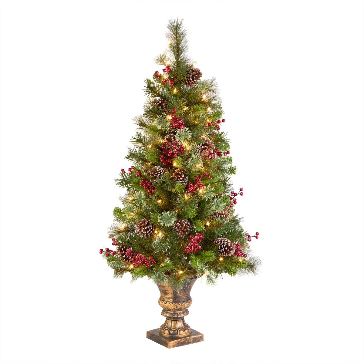 4ft Pre Lit Iced Berry Pine Entrance Tree in Gold Urn, Clear Lights
