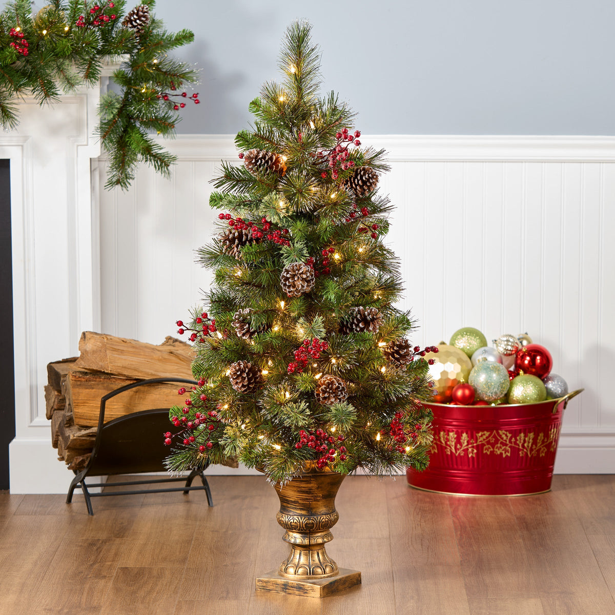 4ft Pre Lit Iced Berry Pine Entrance Tree in Gold Urn, Clear Lights