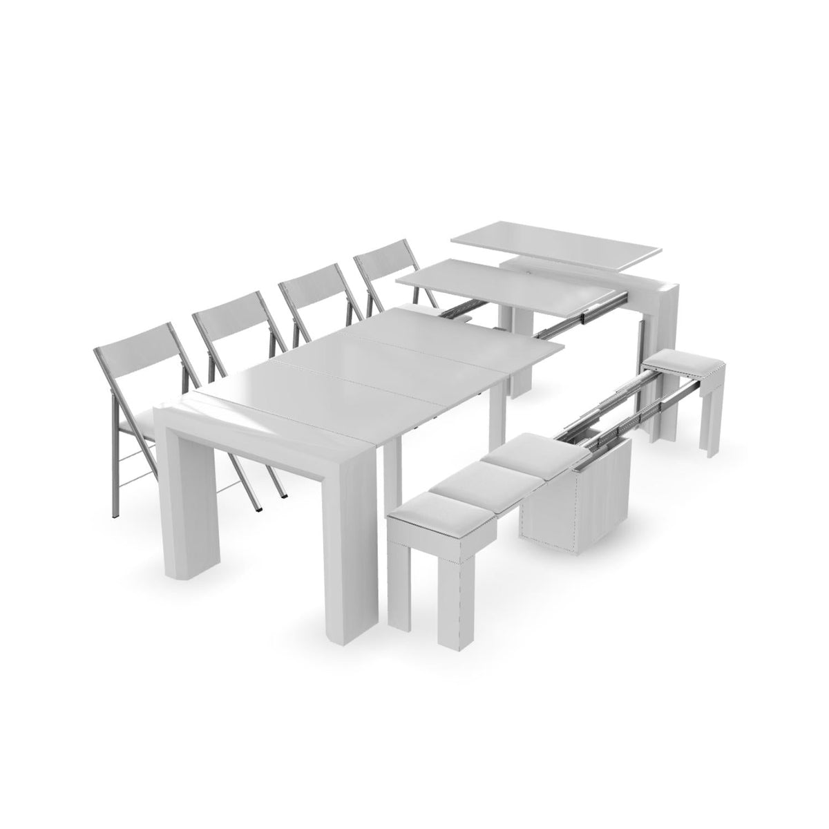 Console to Dining Table Set with Extending Bench and 4 Folding Chairs