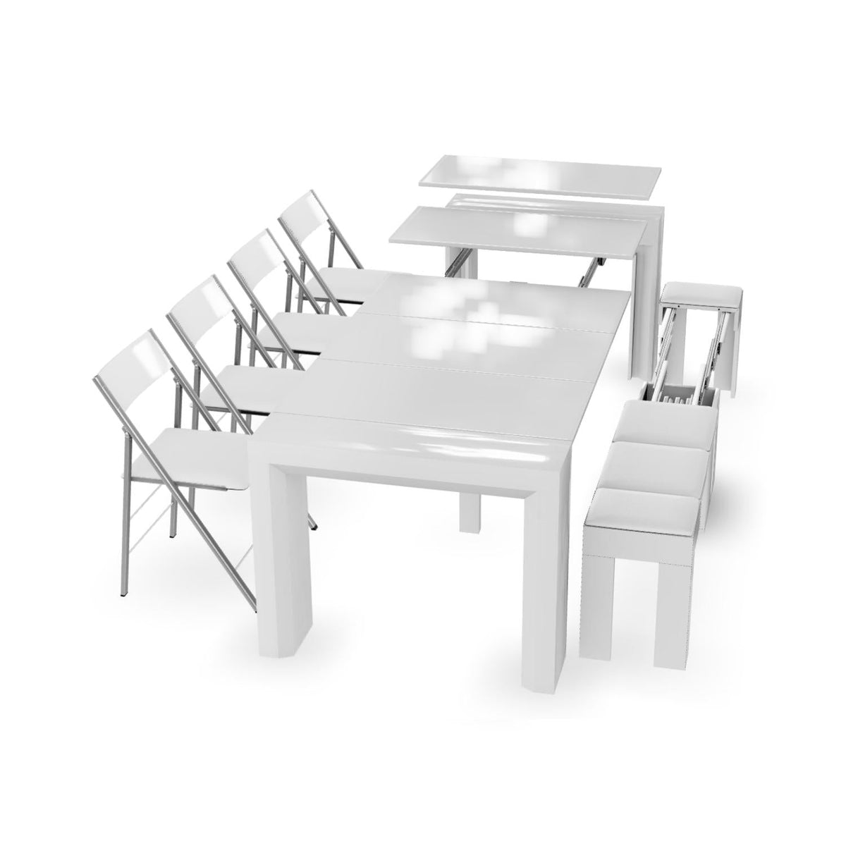 Console to Dining Table Set with Extending Bench and 4 Folding Chairs