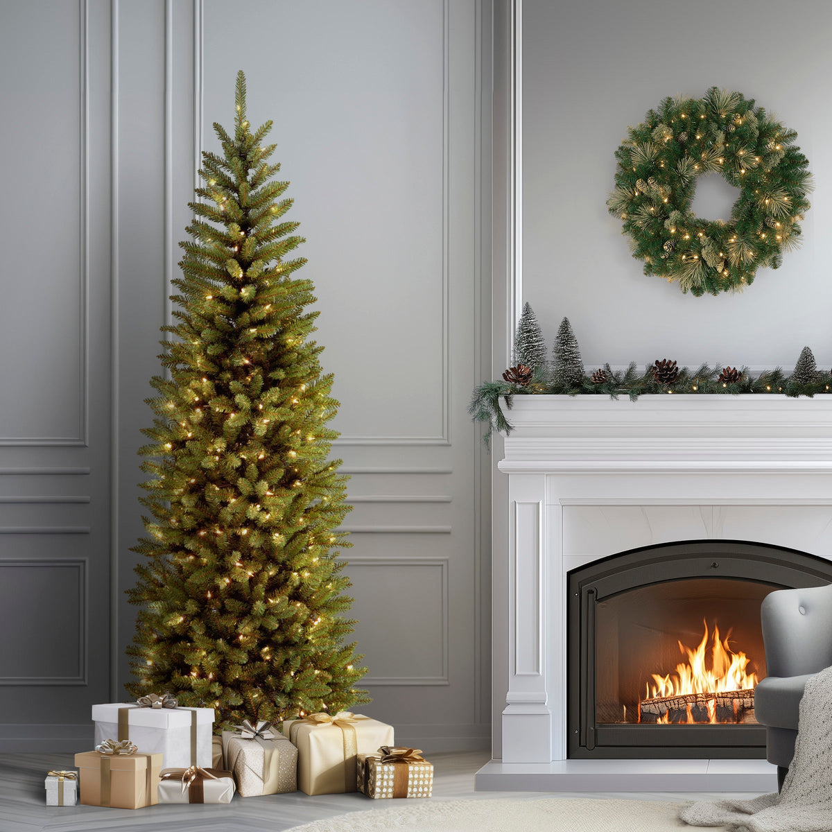 7.5ft Pre Lit Pencil Fir Christmas Tree, 350 Clear Lights