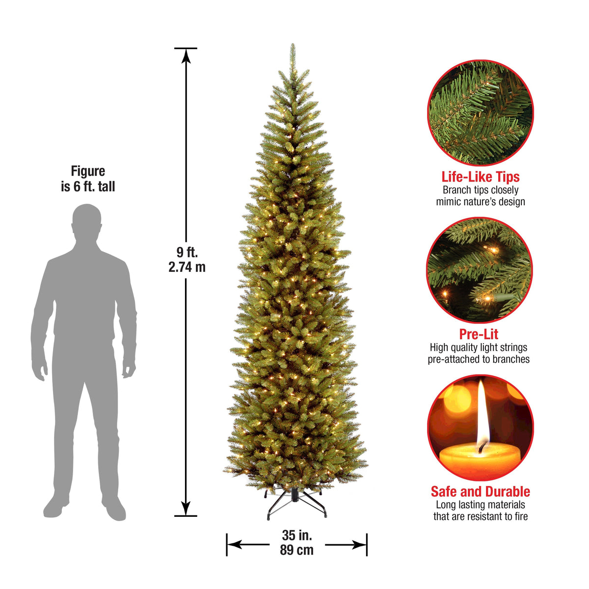9ft Pre Lit Pencil Fir Christmas Tree, 500 Clear Lights