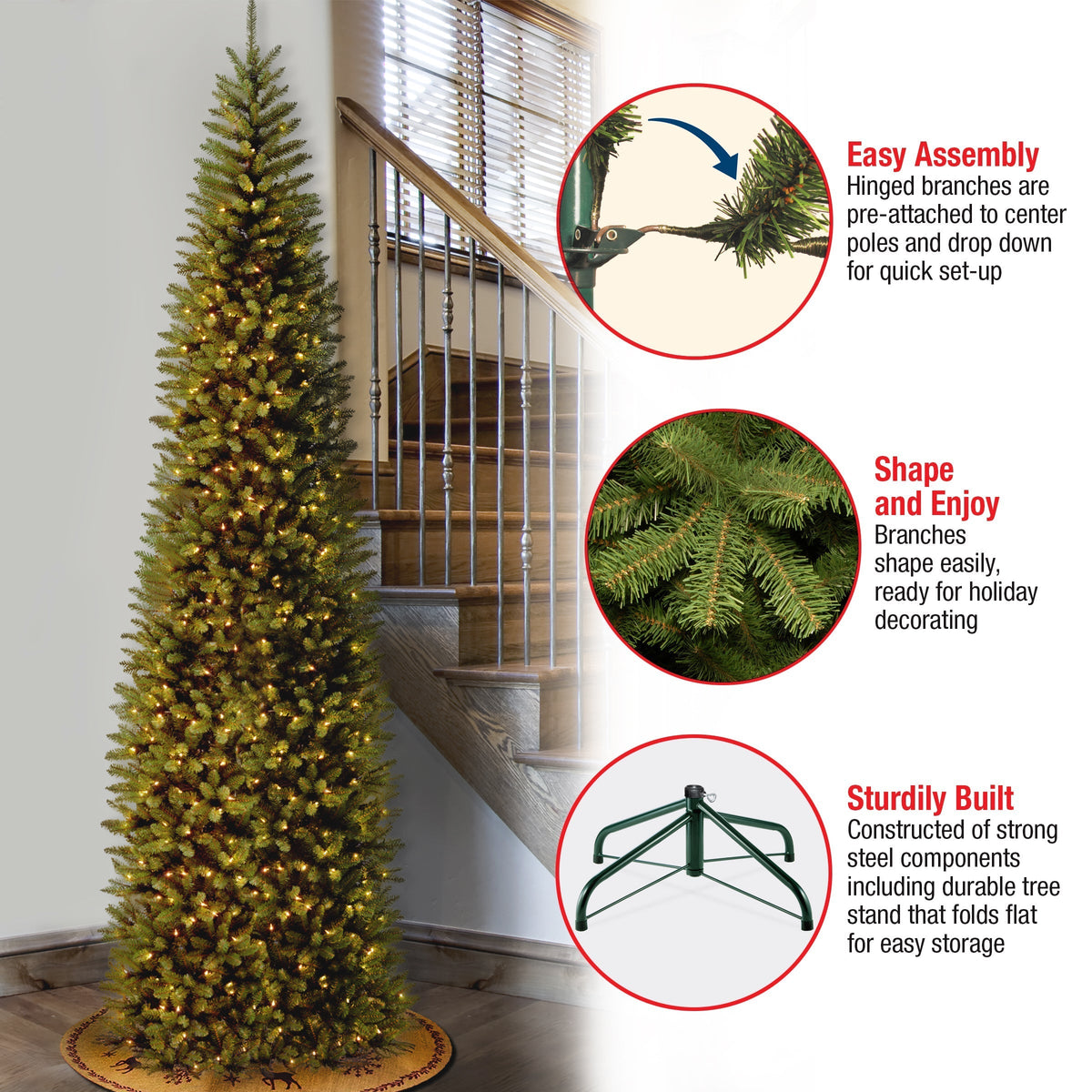9ft Pre Lit Pencil Fir Christmas Tree, 500 Clear Lights