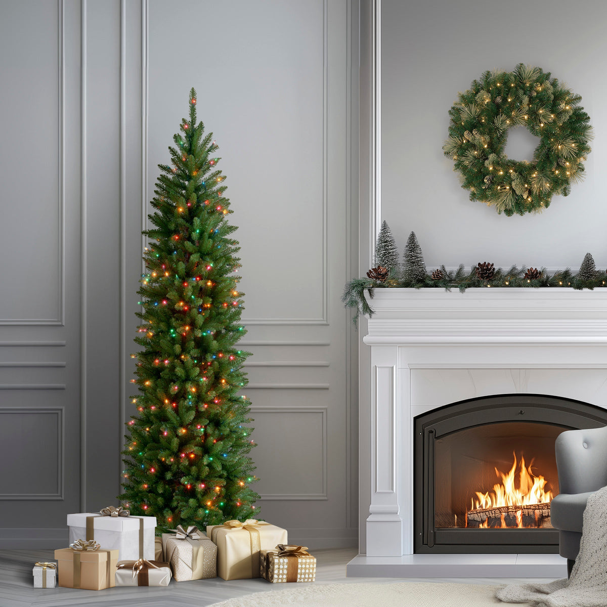 6.5ft Pre Lit Pencil Fir Christmas Tree, 250 Multicoloured Lights