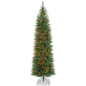 7ft Pre Lit Pencil Fir Christmas Tree, 300 Multicoloured Lights