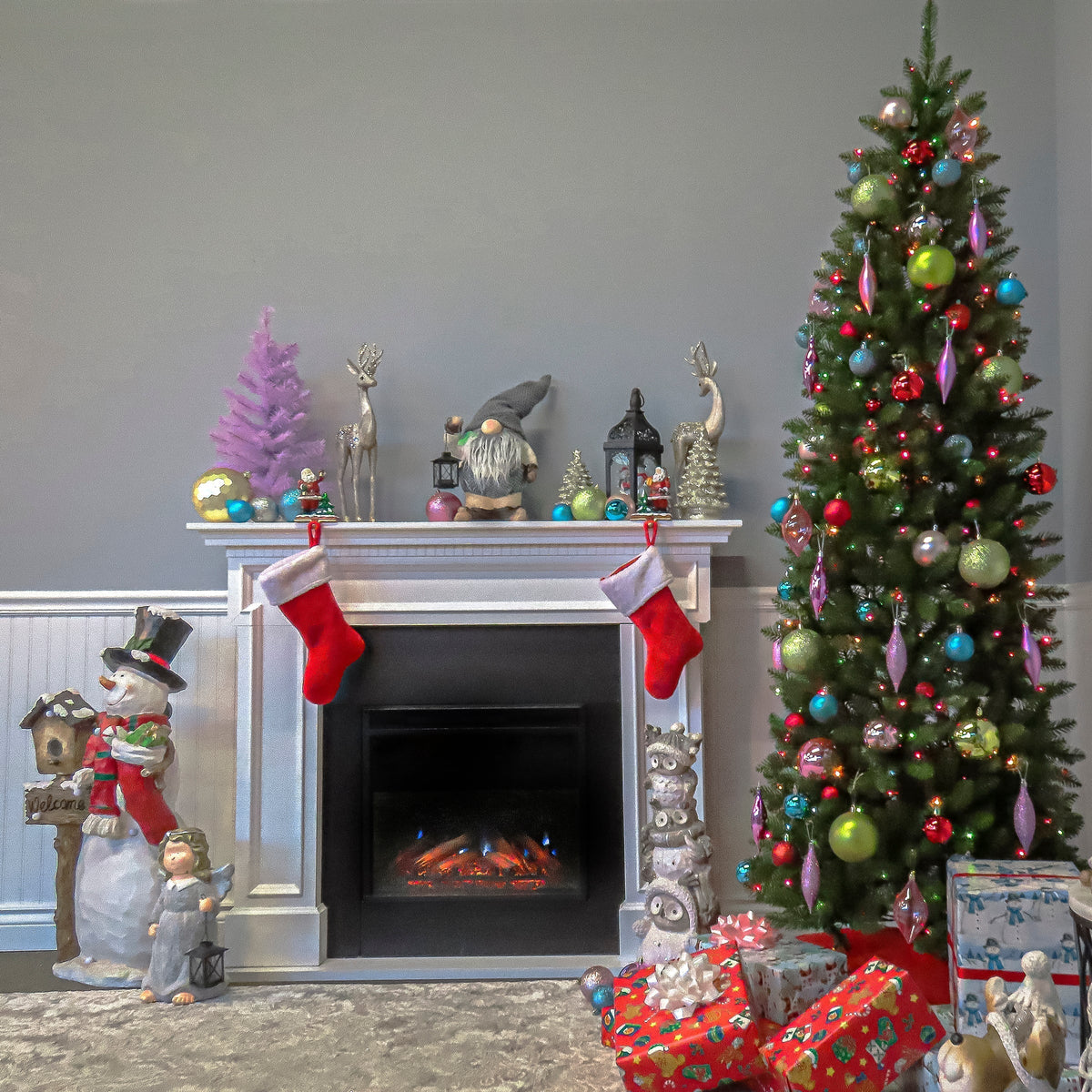 7ft Pre Lit Pencil Fir Christmas Tree, 300 Multicoloured Lights