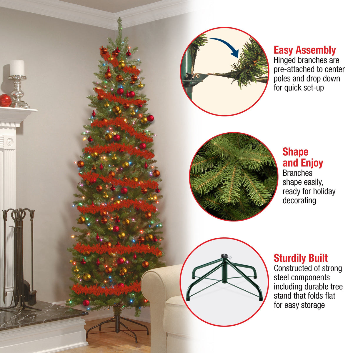 7ft Pre Lit Pencil Fir Christmas Tree, 300 Multicoloured Lights