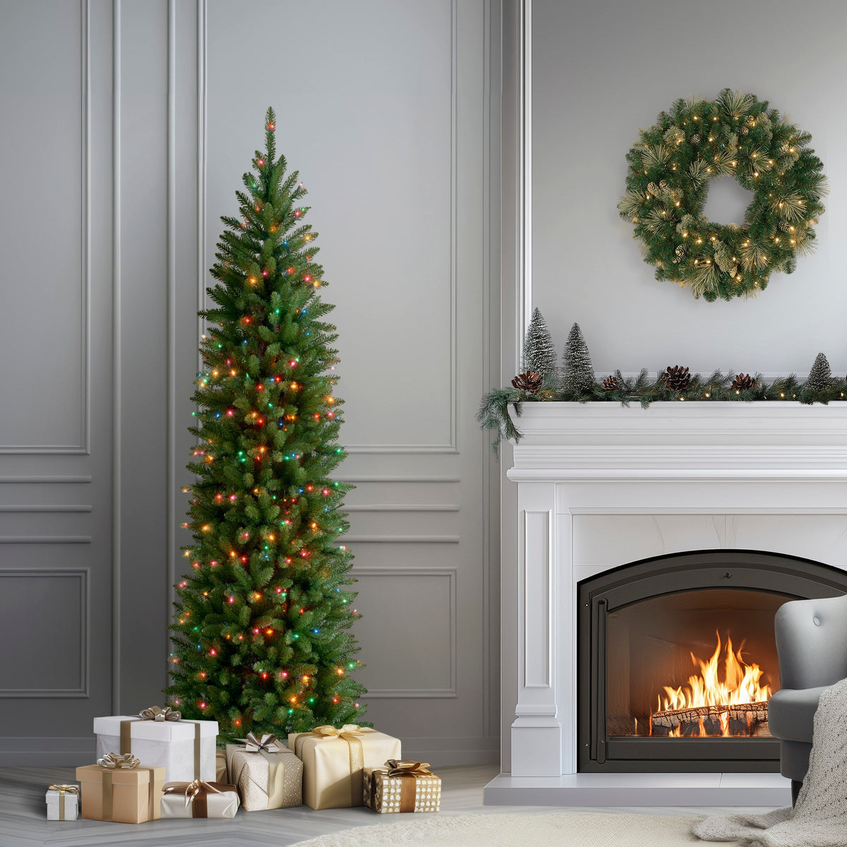 7ft Pre Lit Pencil Fir Christmas Tree, 300 Multicoloured Lights