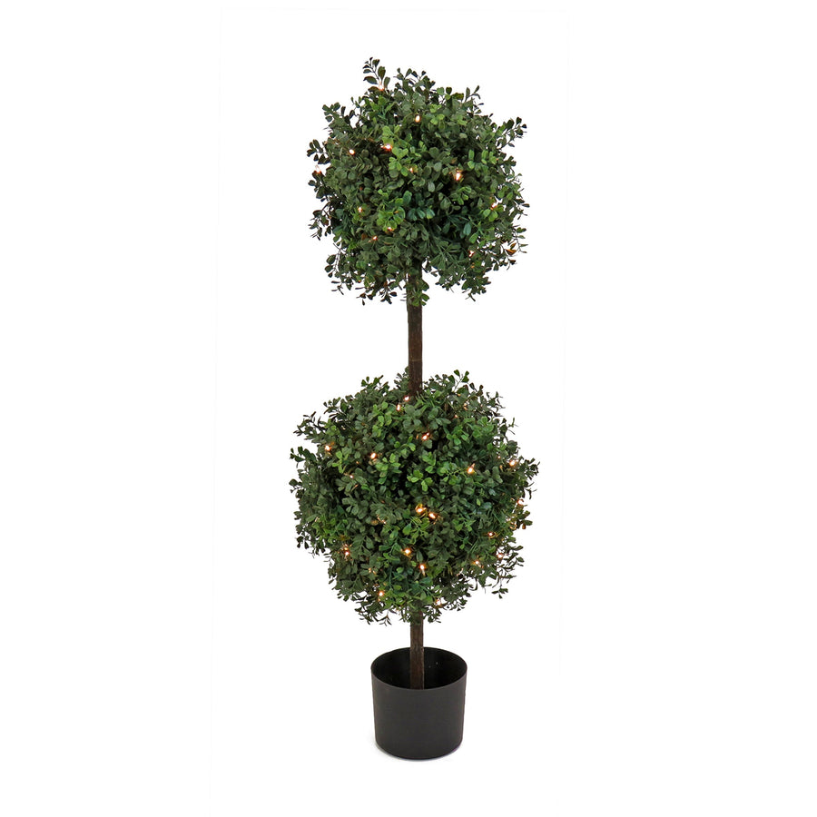 Pre Lit Boxwood Double Ball Topiary in Black Pot, Clear Lights, 117 cm