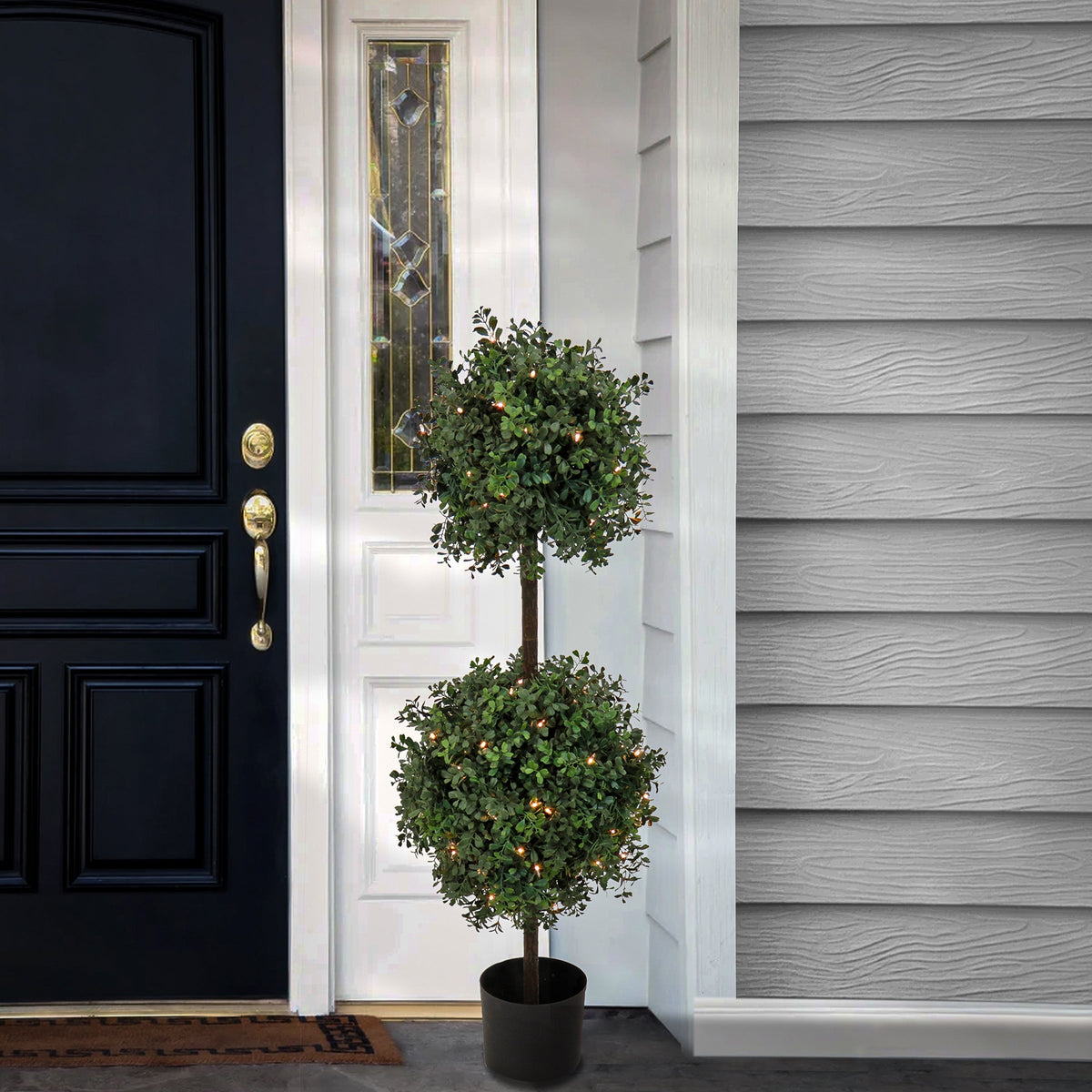 Pre Lit Boxwood Double Ball Topiary in Black Pot, Clear Lights, 117 cm