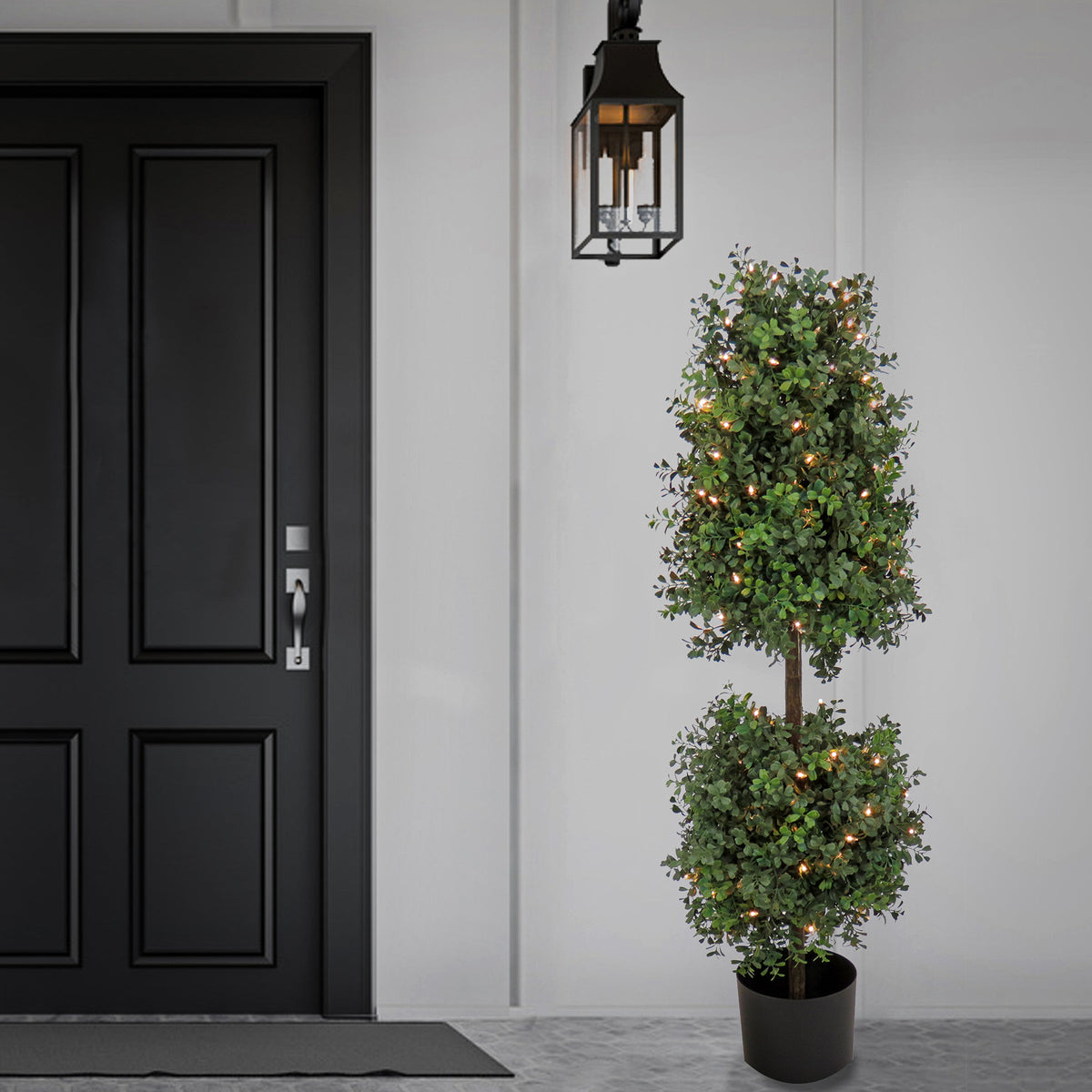 Pre Lit Boxwood Cone and Ball Topiary in Black Pot, Clear Lights, 122 cm