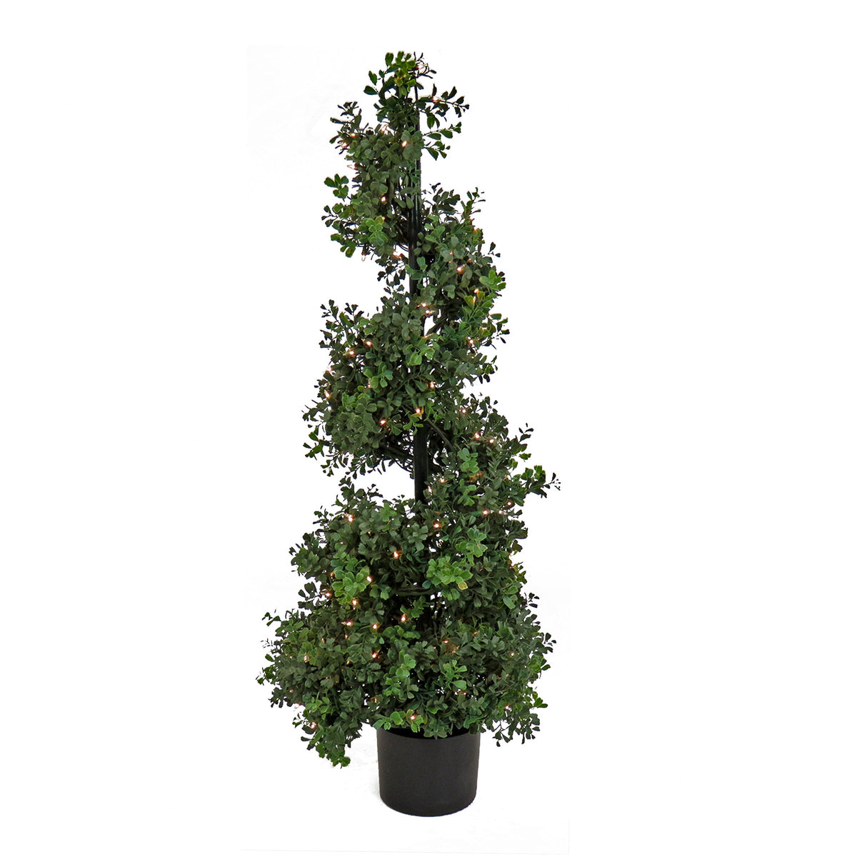 Pre Lit Boxwood Spiral Topiary in Black Pot, Clear Lights, 122 cm