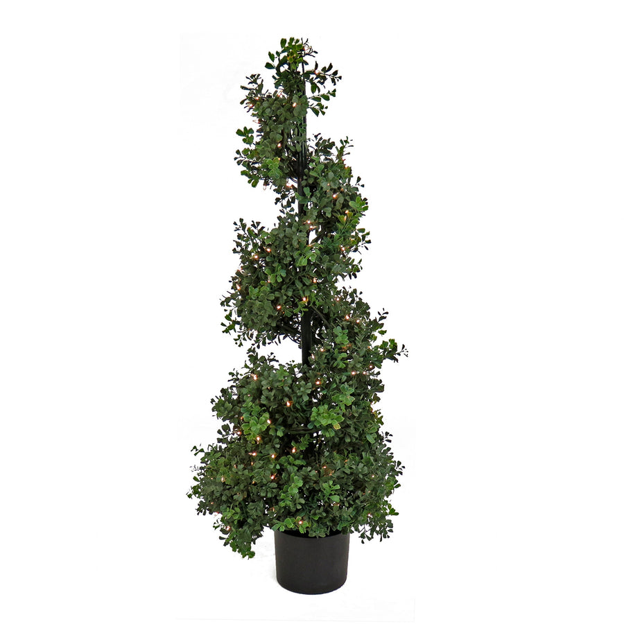 Pre Lit Boxwood Spiral Topiary in Black Pot, Clear Lights, 122 cm
