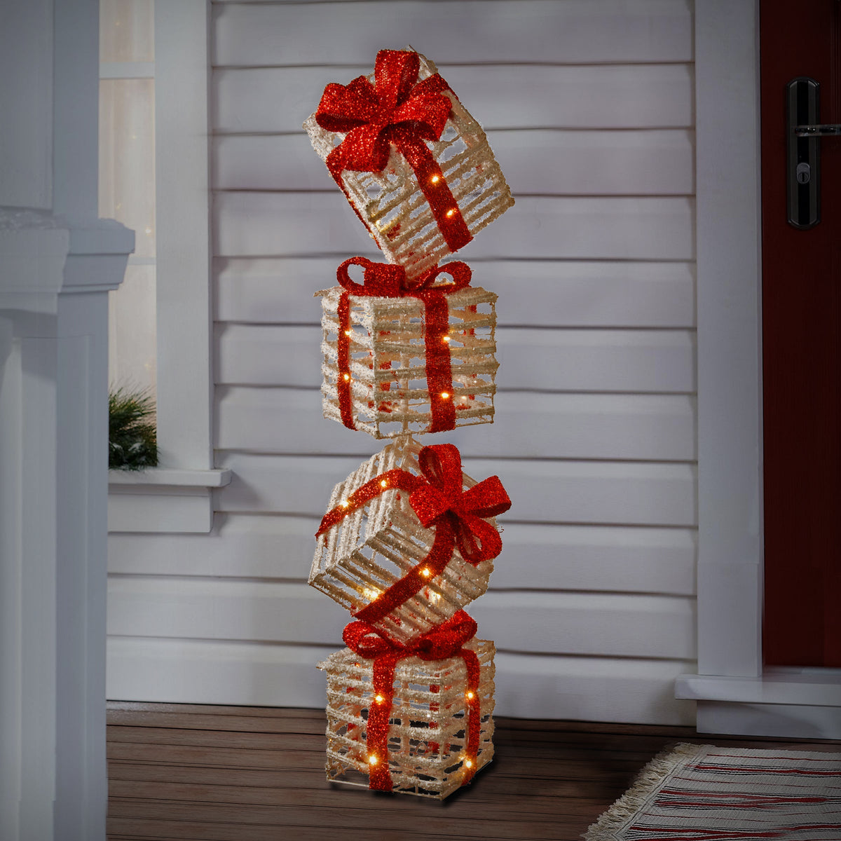 Pre Lit White Rattan Gift Box Tower with Micro LED Lights, 86 cm