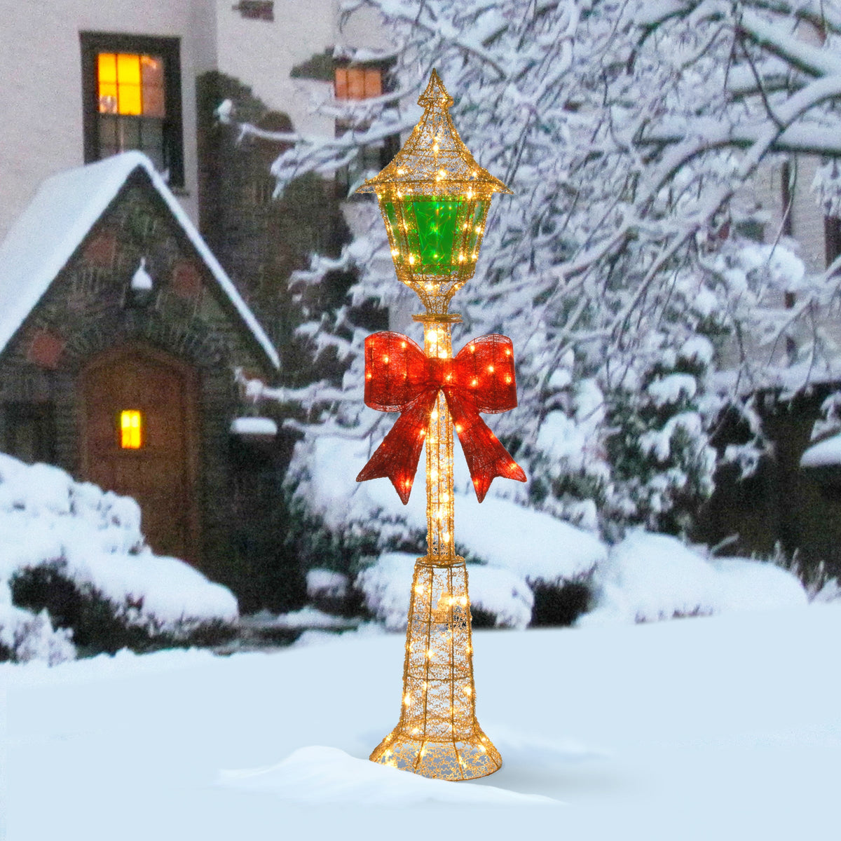 Pre Lit Gold Wire Christmas Lamp Post with Red Bow, 152 cm
