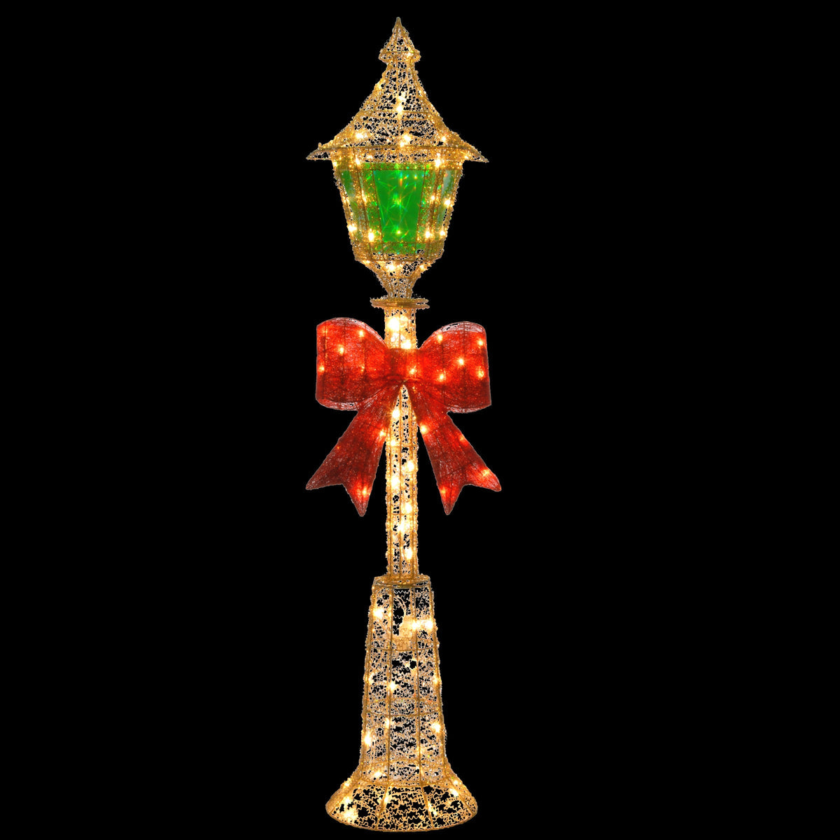 Pre Lit Gold Wire Christmas Lamp Post with Red Bow, 152 cm