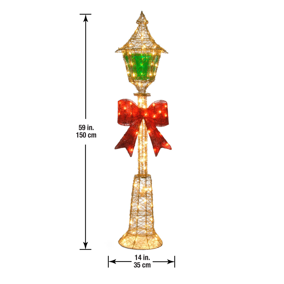 Pre Lit Gold Wire Christmas Lamp Post with Red Bow, 152 cm