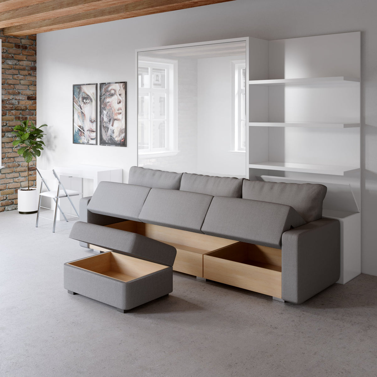 Sofa Wall Bed with Corner Sofa and Shelving, UK Super King Size