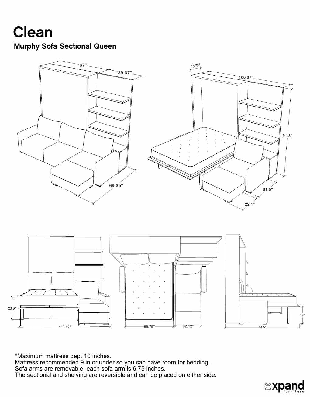 Sofa Wall Bed with Chaise Corner Sofa, UK King Size