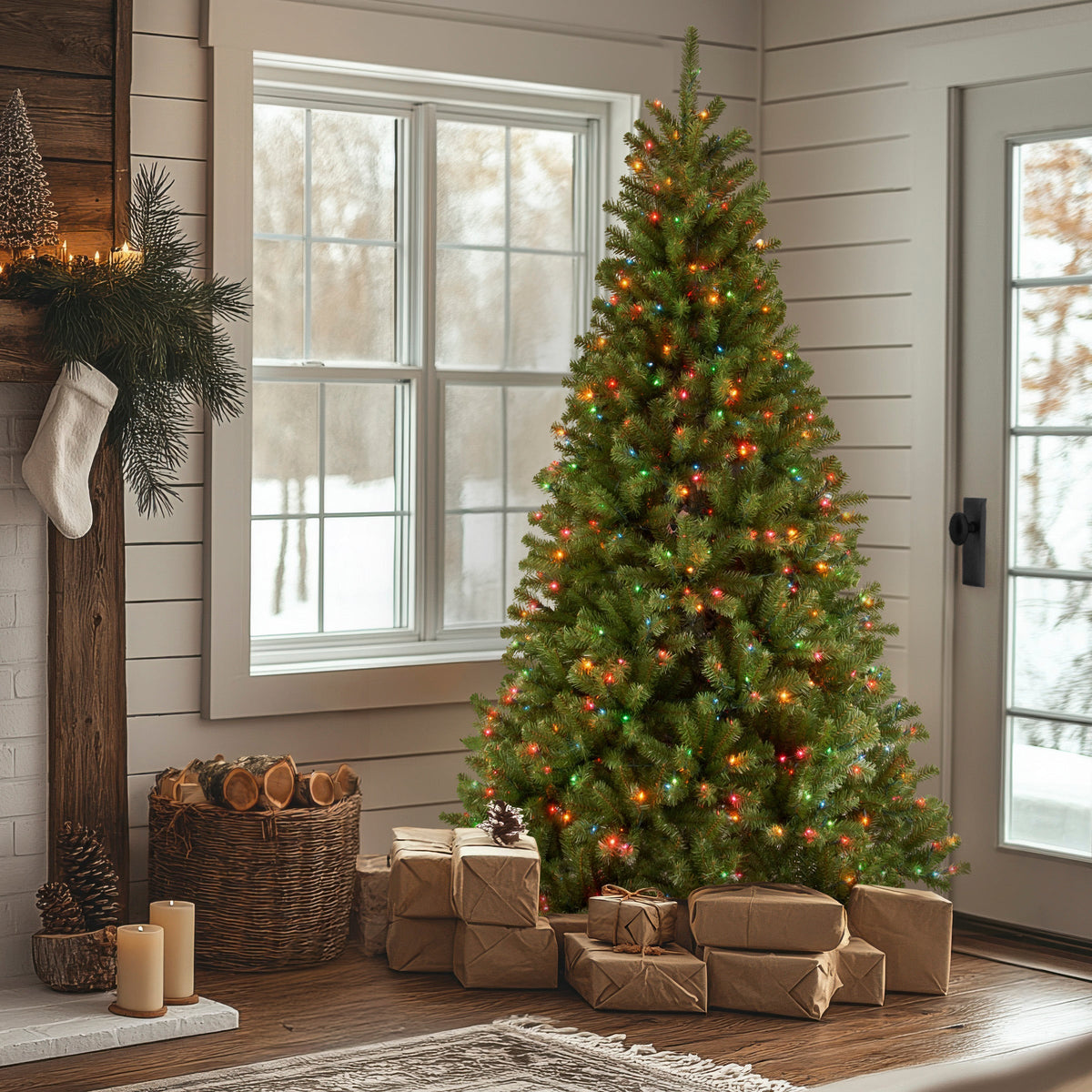 7.5ft Pre Lit Slim Spruce Christmas Tree, 550 Multicoloured Lights