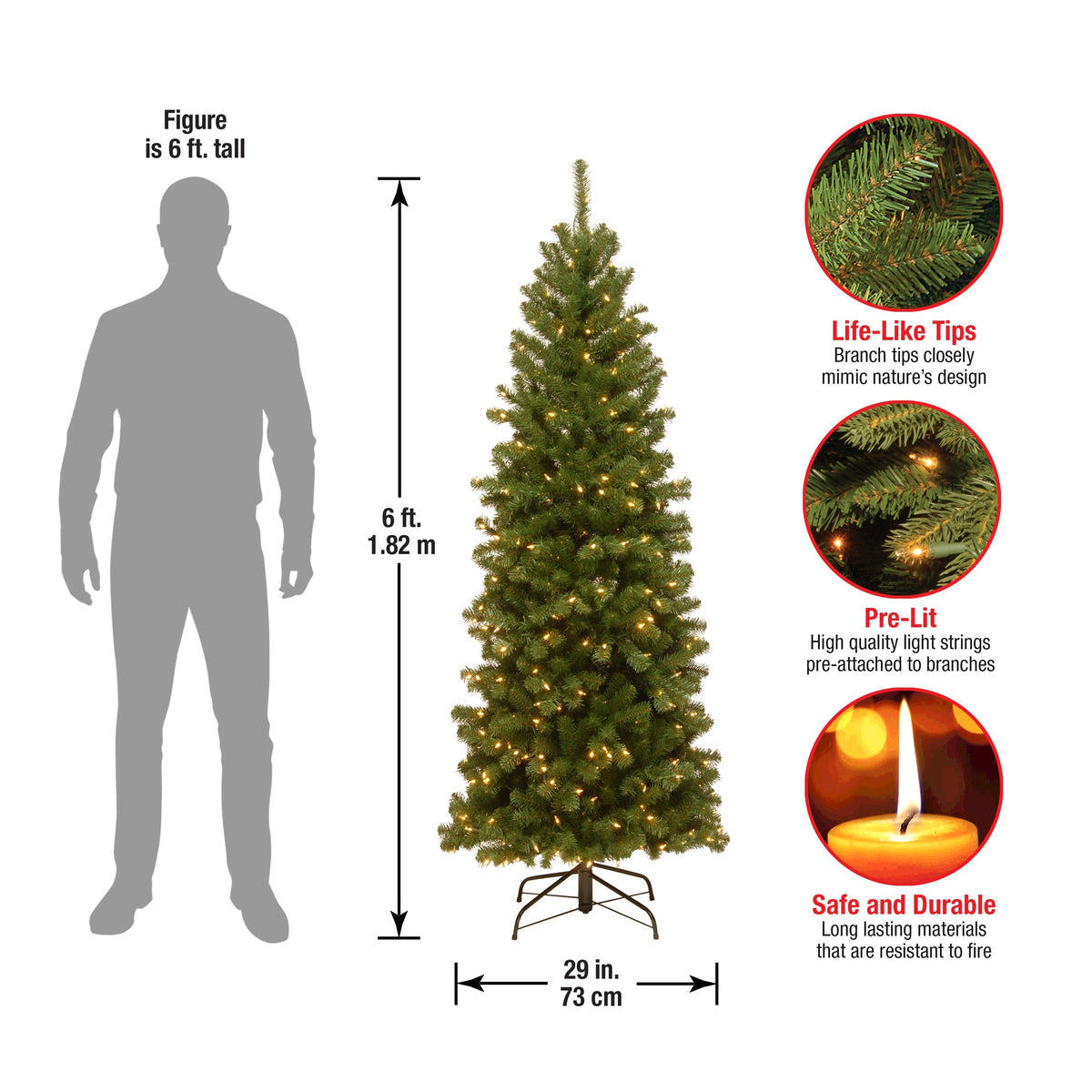 6ft Pre Lit Pencil Slim Spruce Christmas Tree, 250 Clear Lights