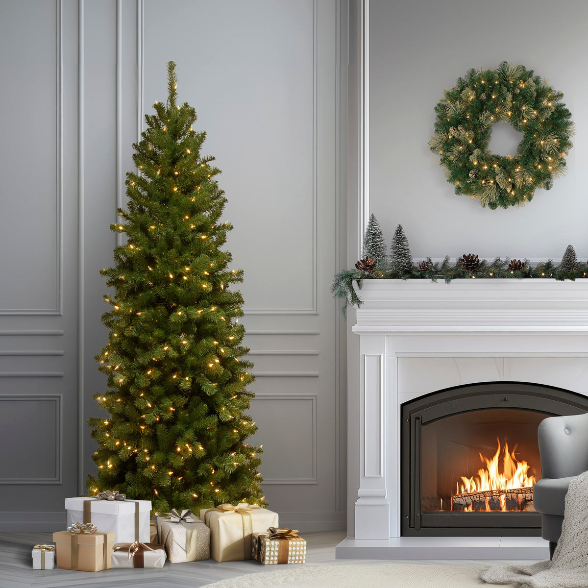 6ft Pre Lit Pencil Slim Spruce Christmas Tree, 250 Clear Lights