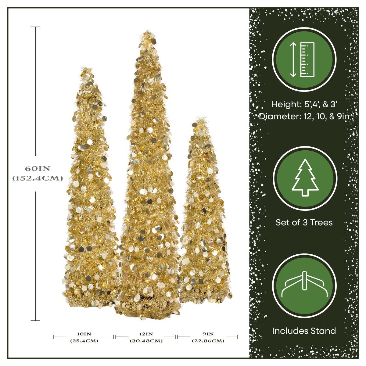Pre Lit Gold Tinsel Pop Up Pencil Trees, Set of 3 (3ft, 4ft, 5ft)