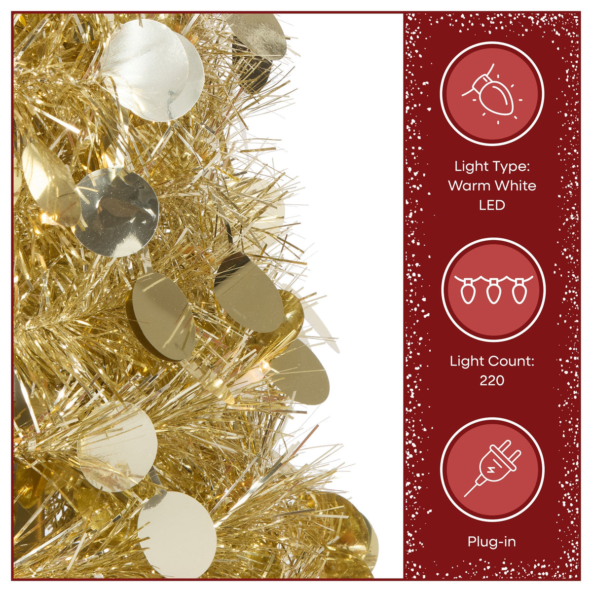 Pre Lit Gold Tinsel Pop Up Pencil Trees, Set of 3 (3ft, 4ft, 5ft)