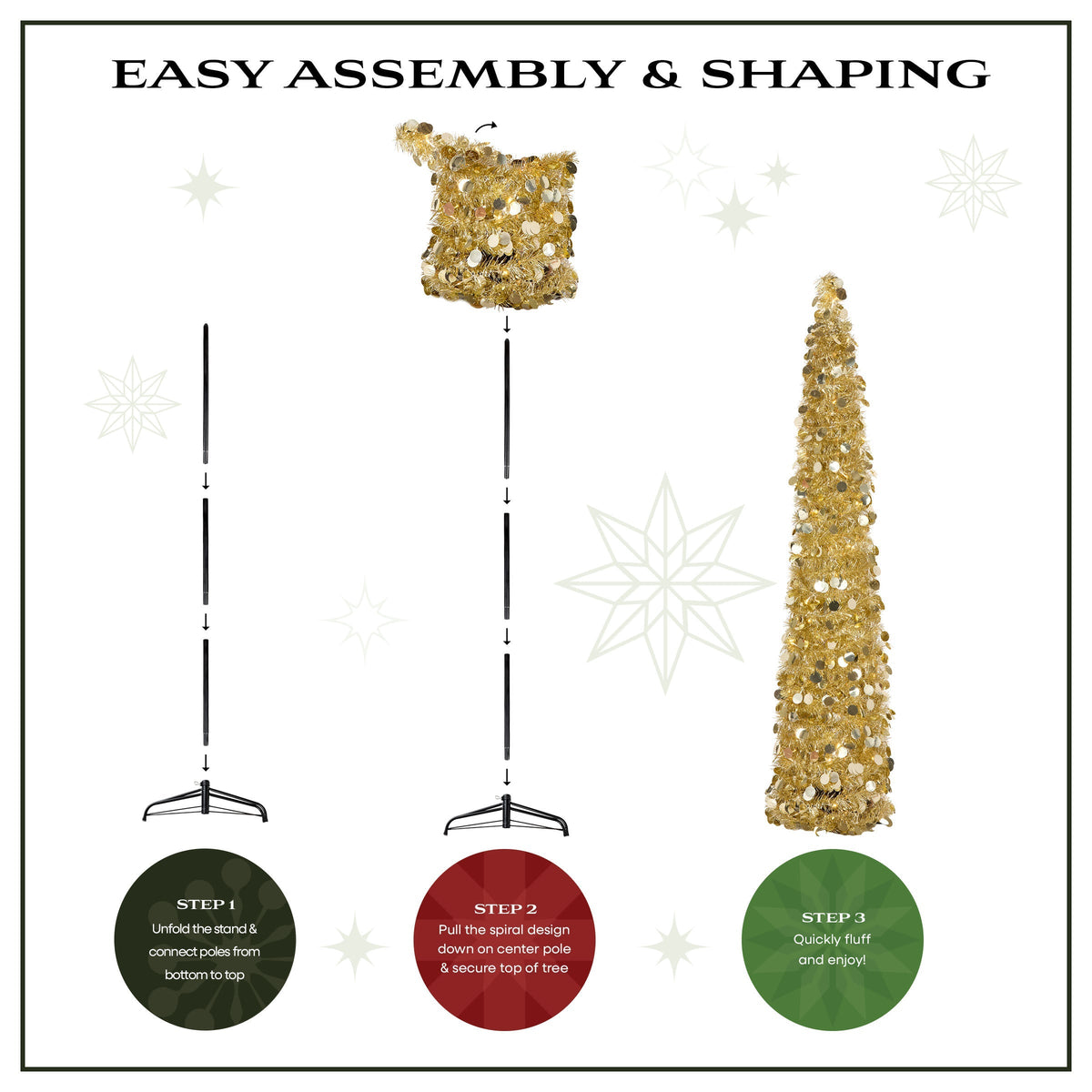 Pre Lit Gold Tinsel Pop Up Pencil Trees, Set of 3 (3ft, 4ft, 5ft)