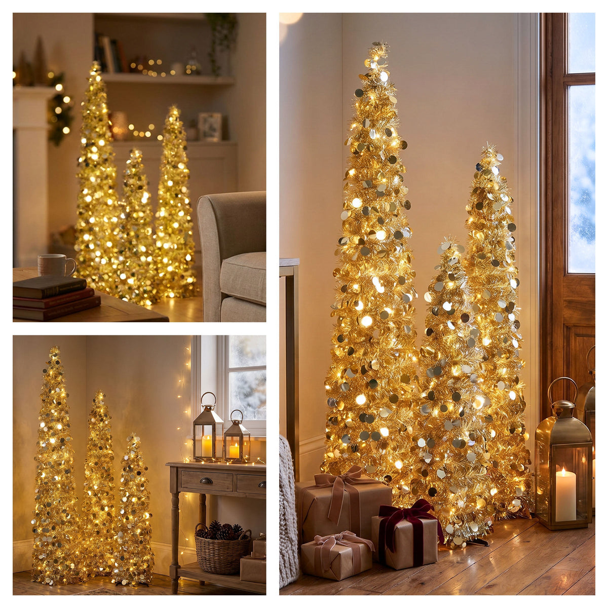 Pre Lit Gold Tinsel Pop Up Pencil Trees, Set of 3 (3ft, 4ft, 5ft)