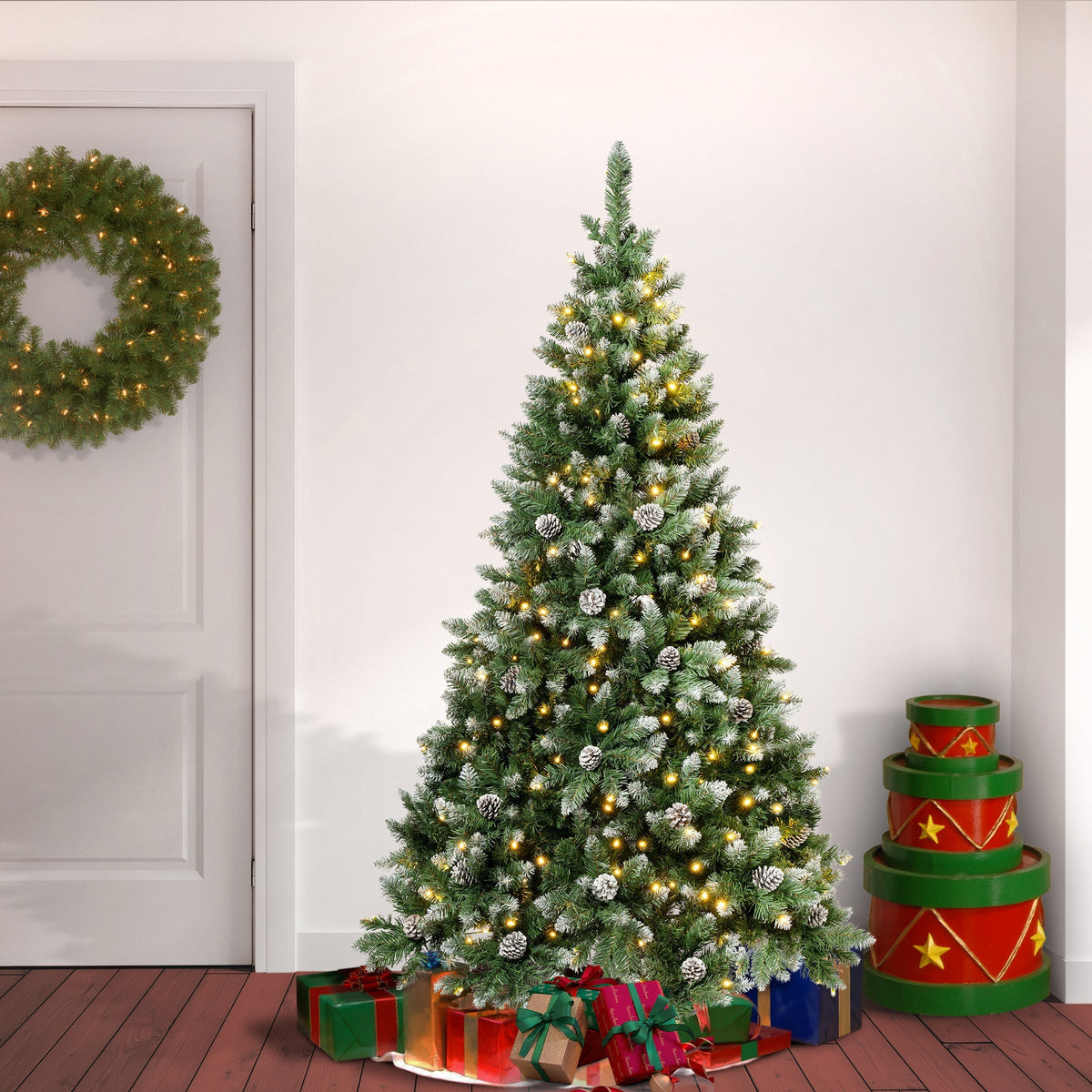 6ft Pre Lit Snow Tipped Christmas Tree with Pine Cones, Warm White LED