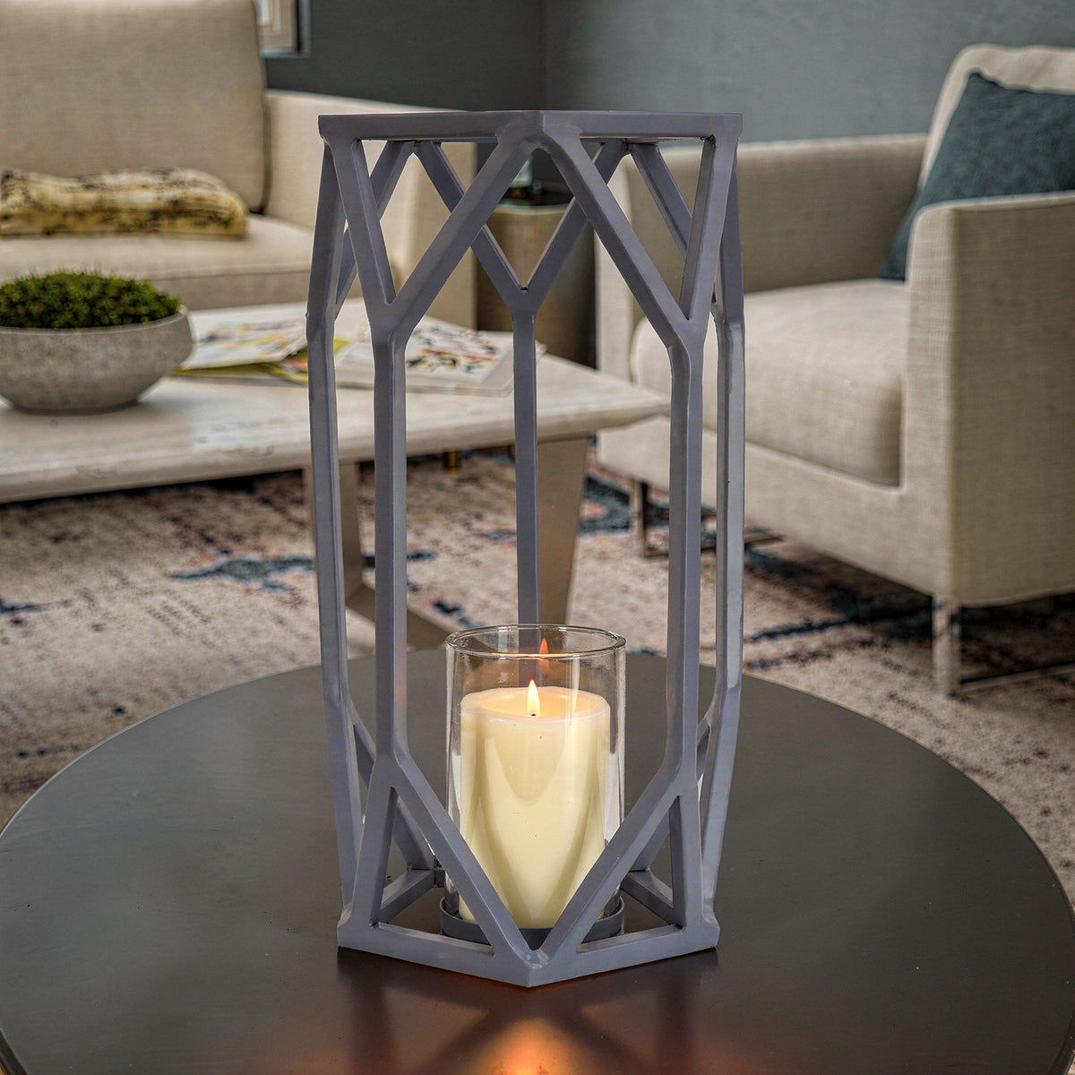 Dusty Blue Geometric Steel Candle Lantern, 36 cm