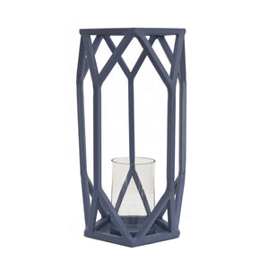 Dusty Blue Geometric Steel Candle Lantern, 36 cm