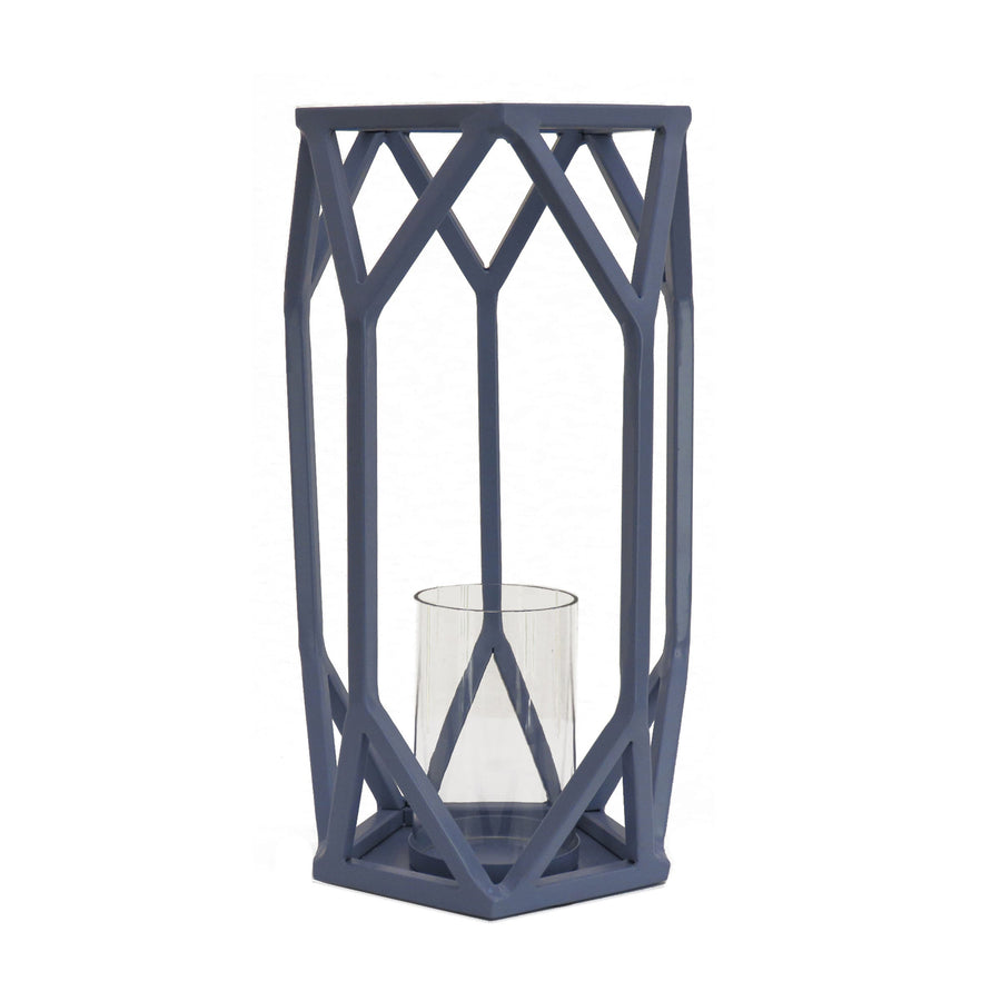 Dusty Blue Geometric Steel Candle Lantern, 36 cm