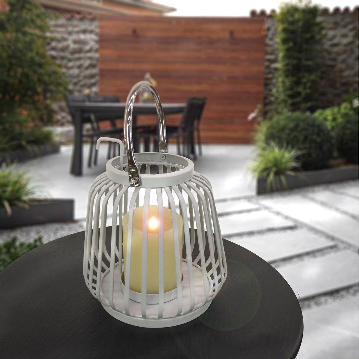 Glacier Grey Ribbed Steel Candle Lantern, 28 cm