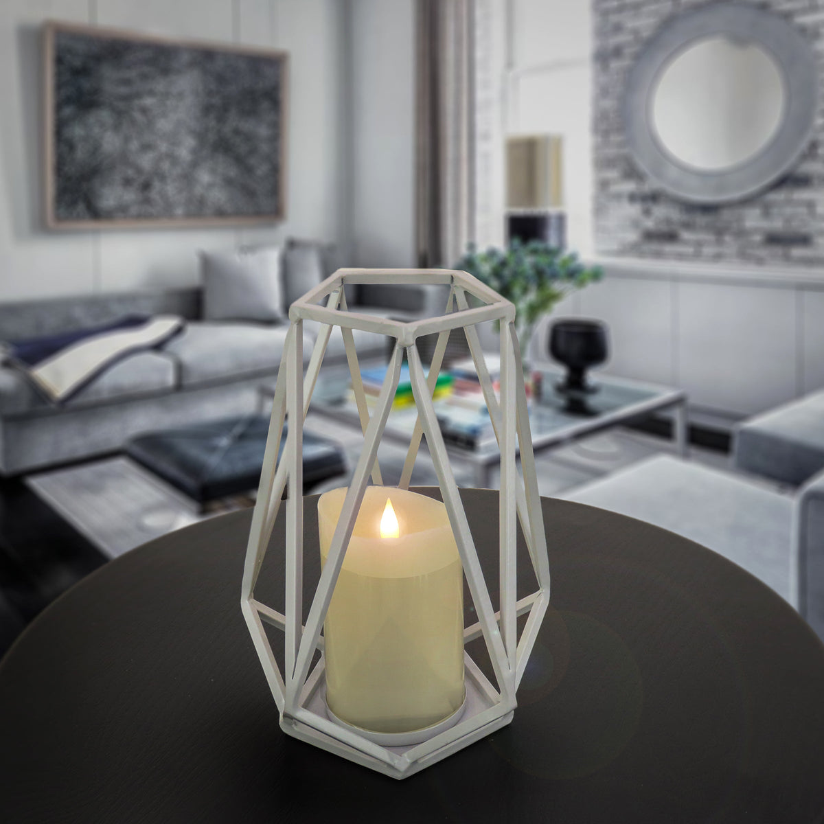 Glacier Grey Lantern with Glass Chimney, 25 cm