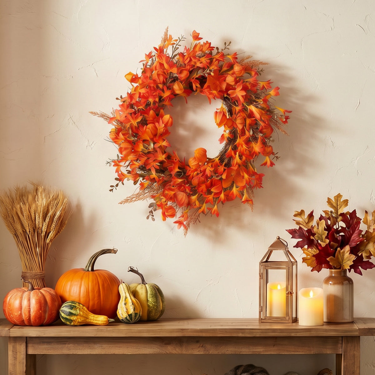 56 cm Autumn Wreath with Orange Lantern
