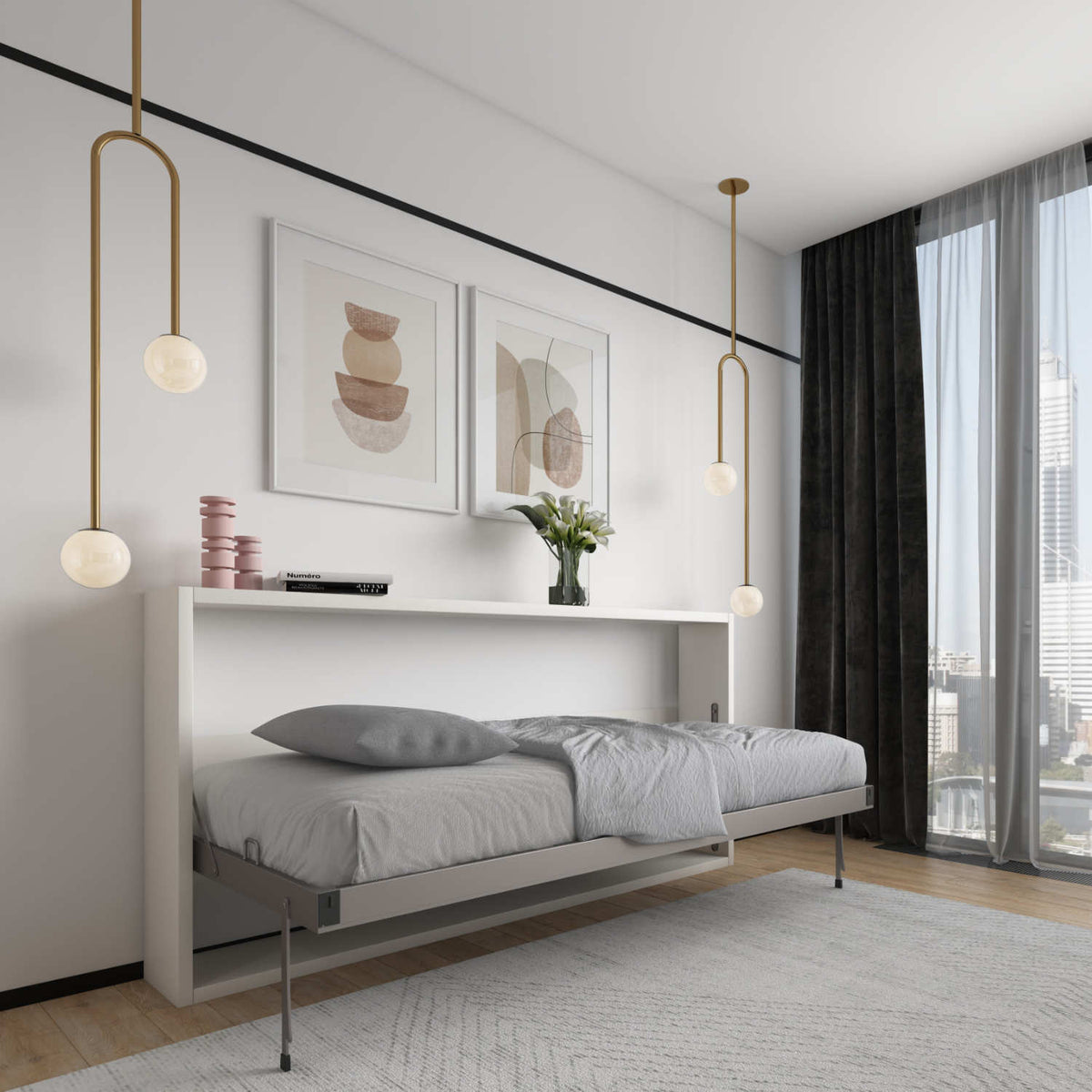 Ultra Slim Horizontal Single Wall Bed with Fold Away Desk and Mattress
