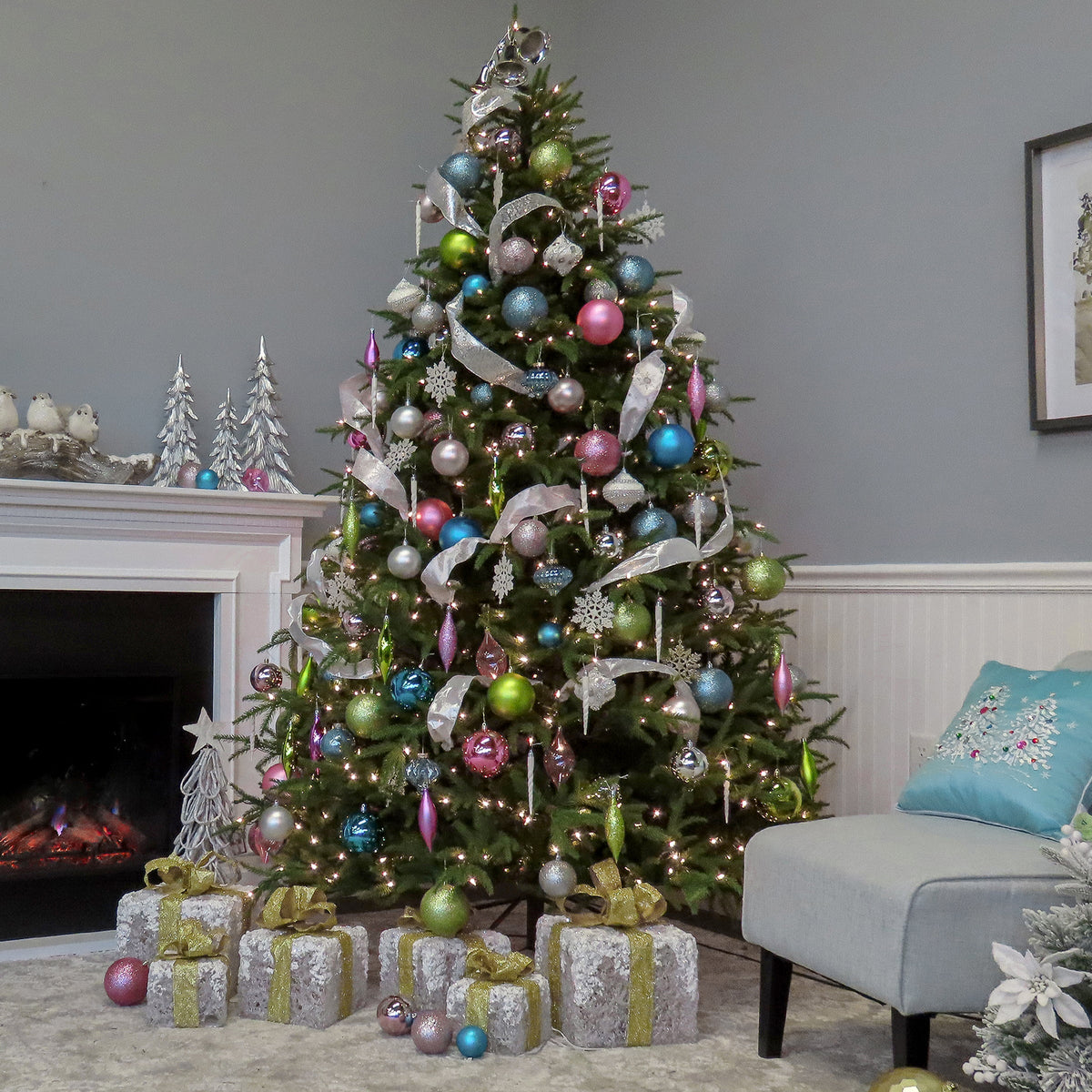 9ft Pre Lit Realistic Grand Fir Christmas Tree, Clear Lights