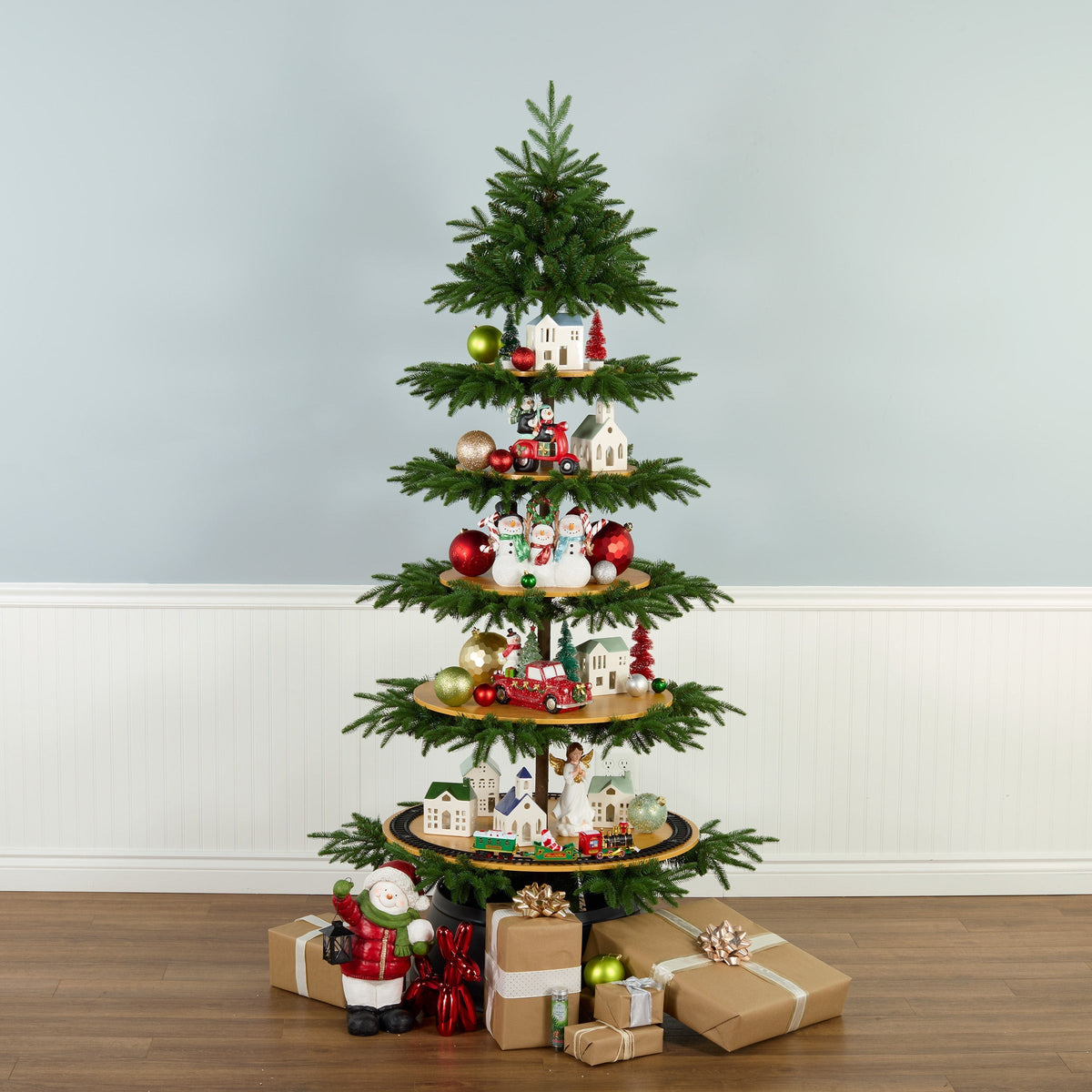 7.5ft Slim Platform Christmas Tree with Bamboo Display Shelves
