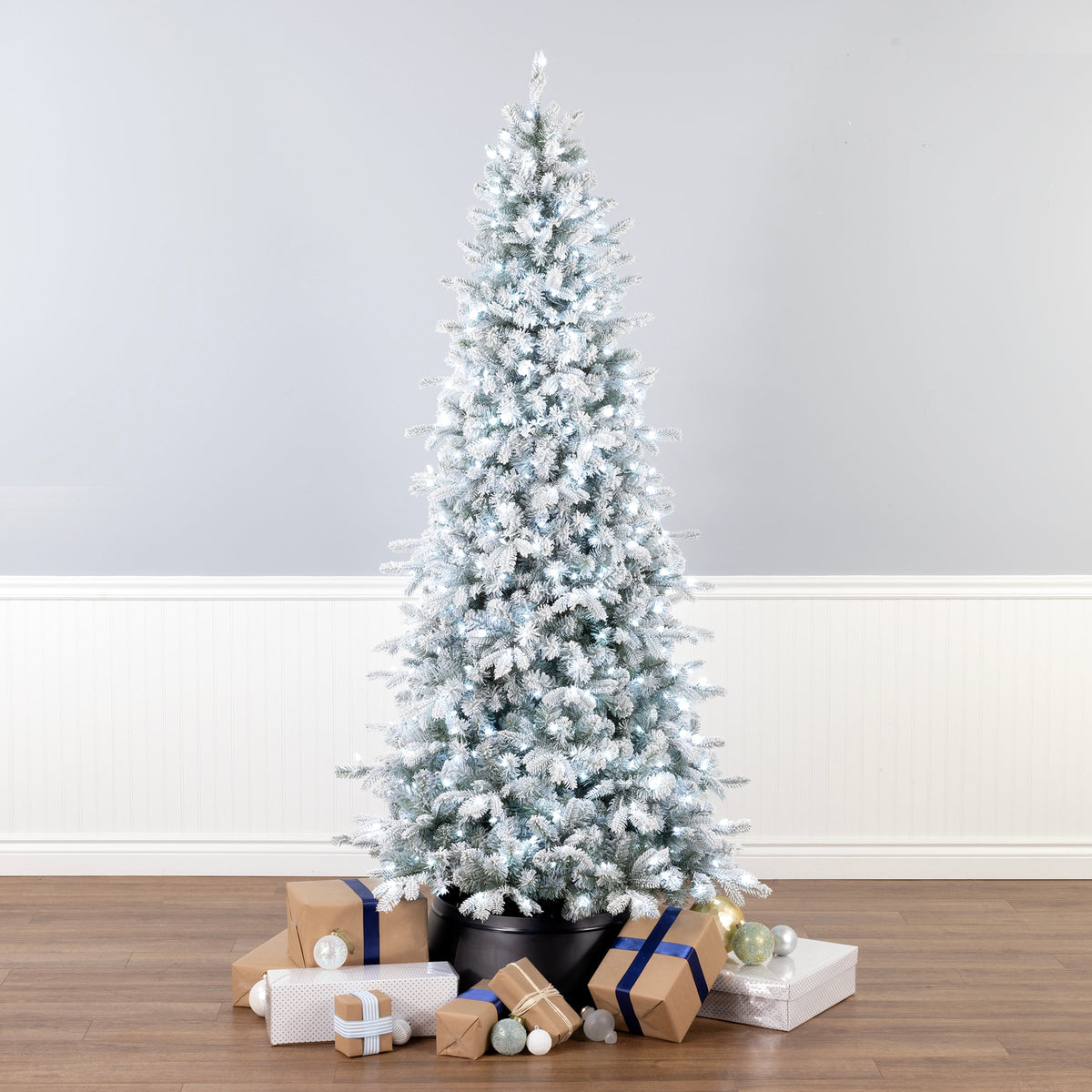 6ft Pre Lit Slim Snowy Blue Christmas Tree, LED Lights