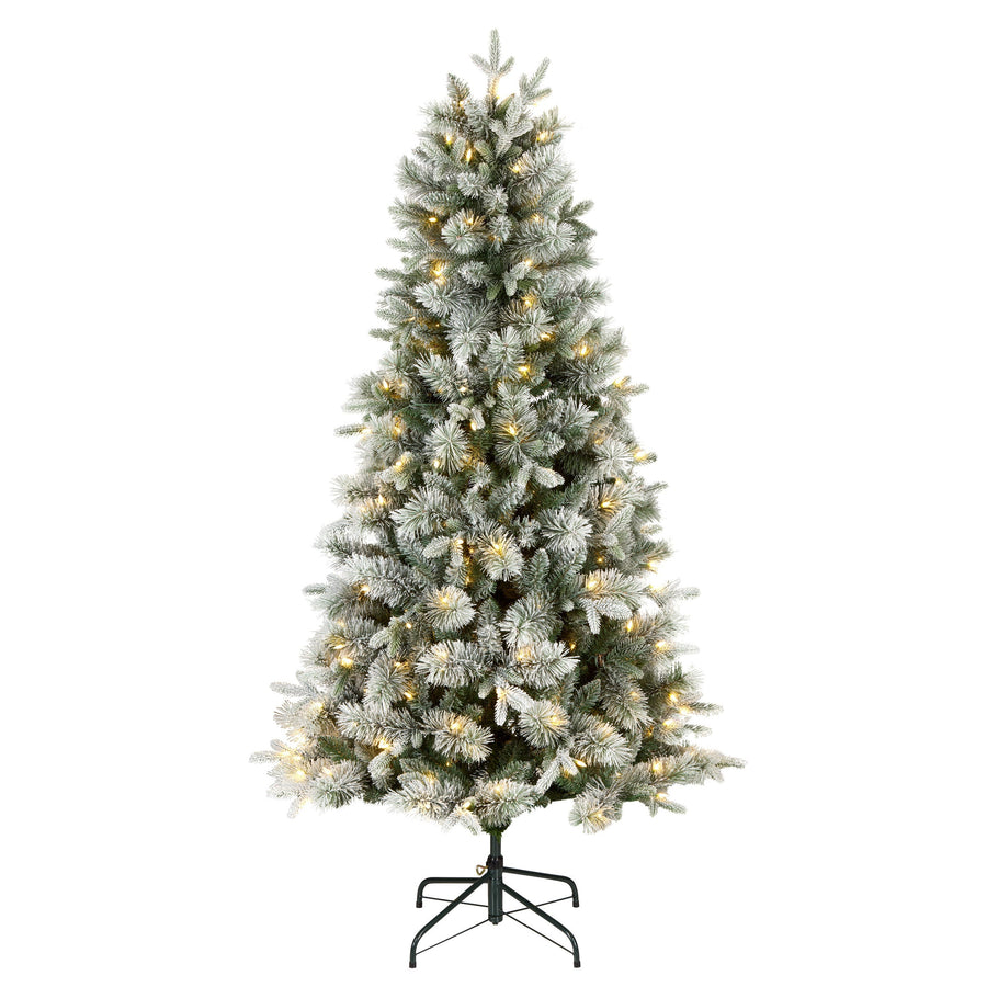 6ft Pre Lit Snowy Flocked Pine Christmas Tree, Warm White LED