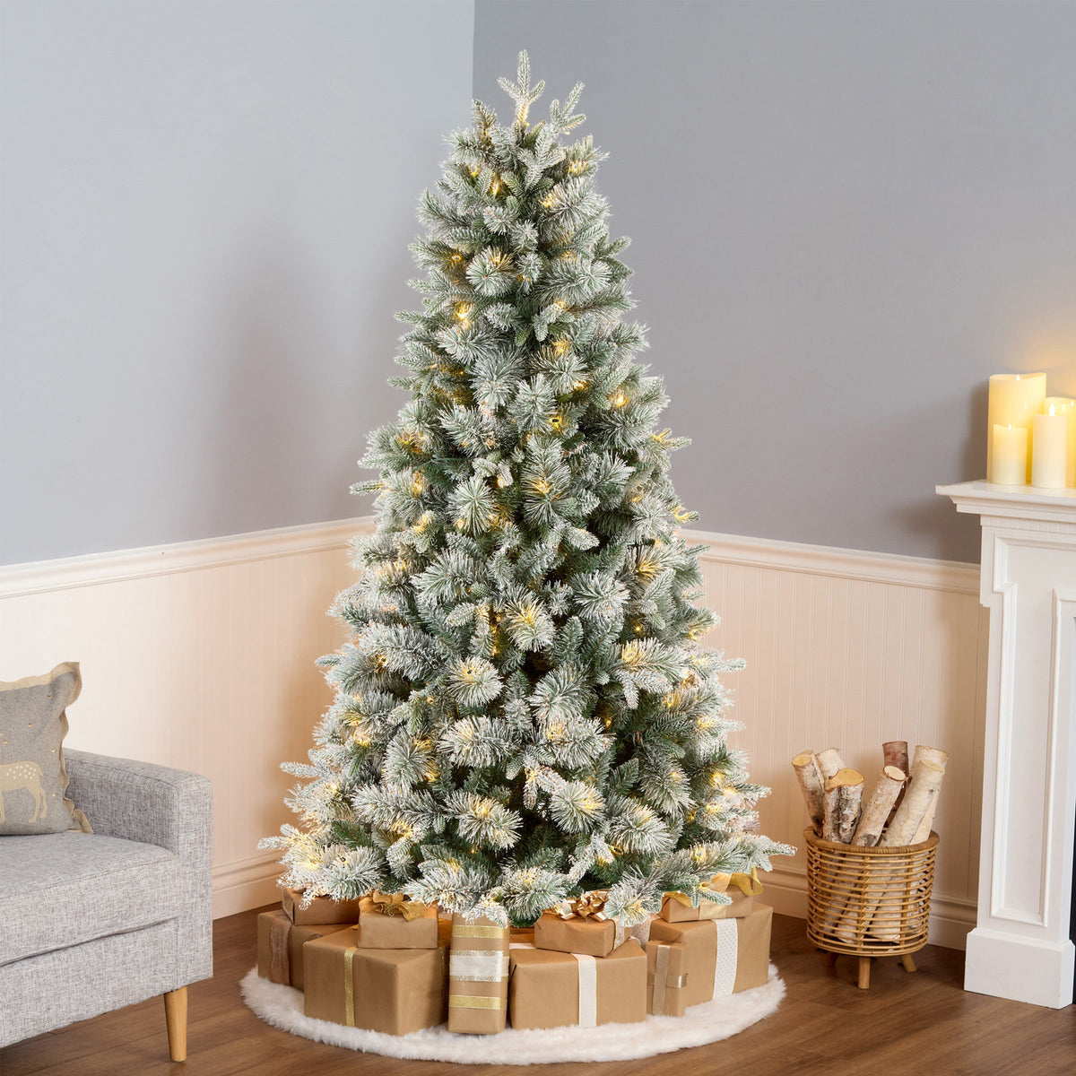 6ft Pre Lit Snowy Flocked Pine Christmas Tree, Warm White LED