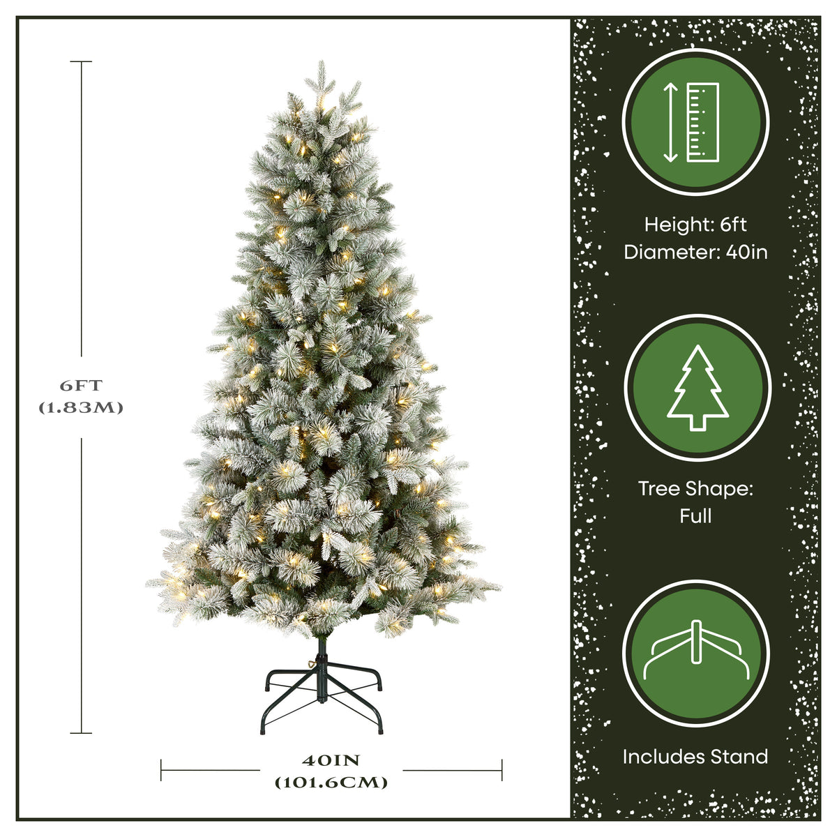 6ft Pre Lit Snowy Flocked Pine Christmas Tree, Warm White LED