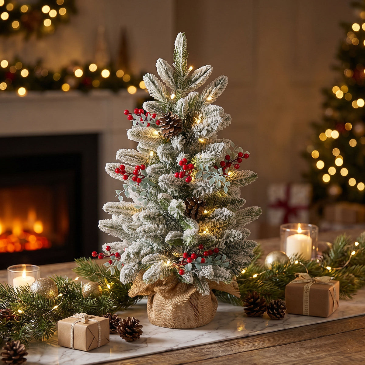 2ft Pre Lit Mini Frosted Christmas Tree in Hessian Base